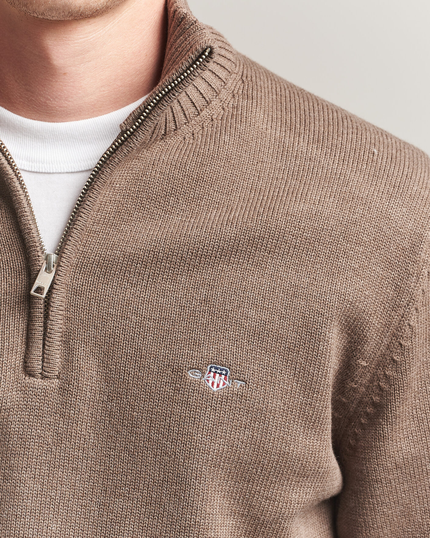 Mies | Puserot | Gant | Casual Cotton Knitted Half Zip Dark Hazelnut Melange