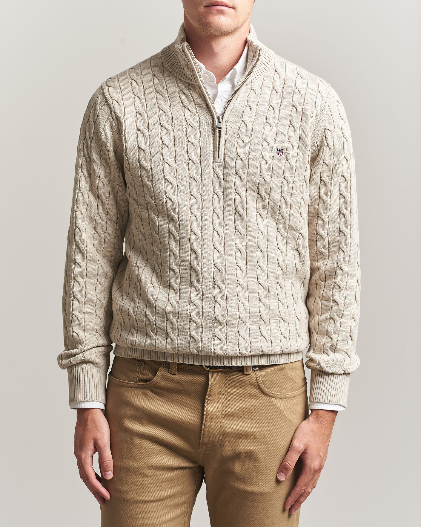 Mies | Puserot | Gant | Cotton Cable Half Zip Clay Beige