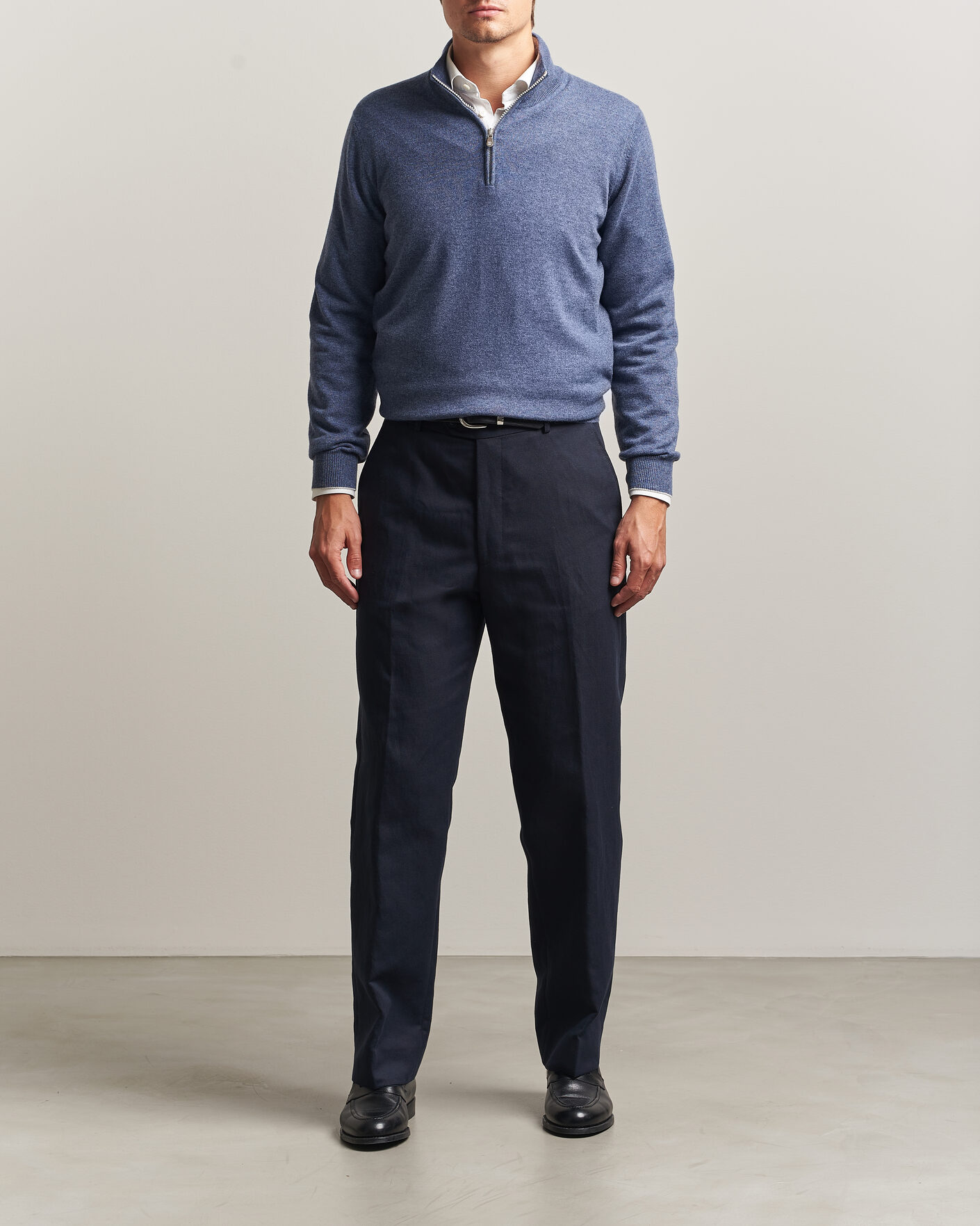 Mies | Puserot | Brunello Cucinelli | 2 Ply Cashmere Half Zip Denim Blue