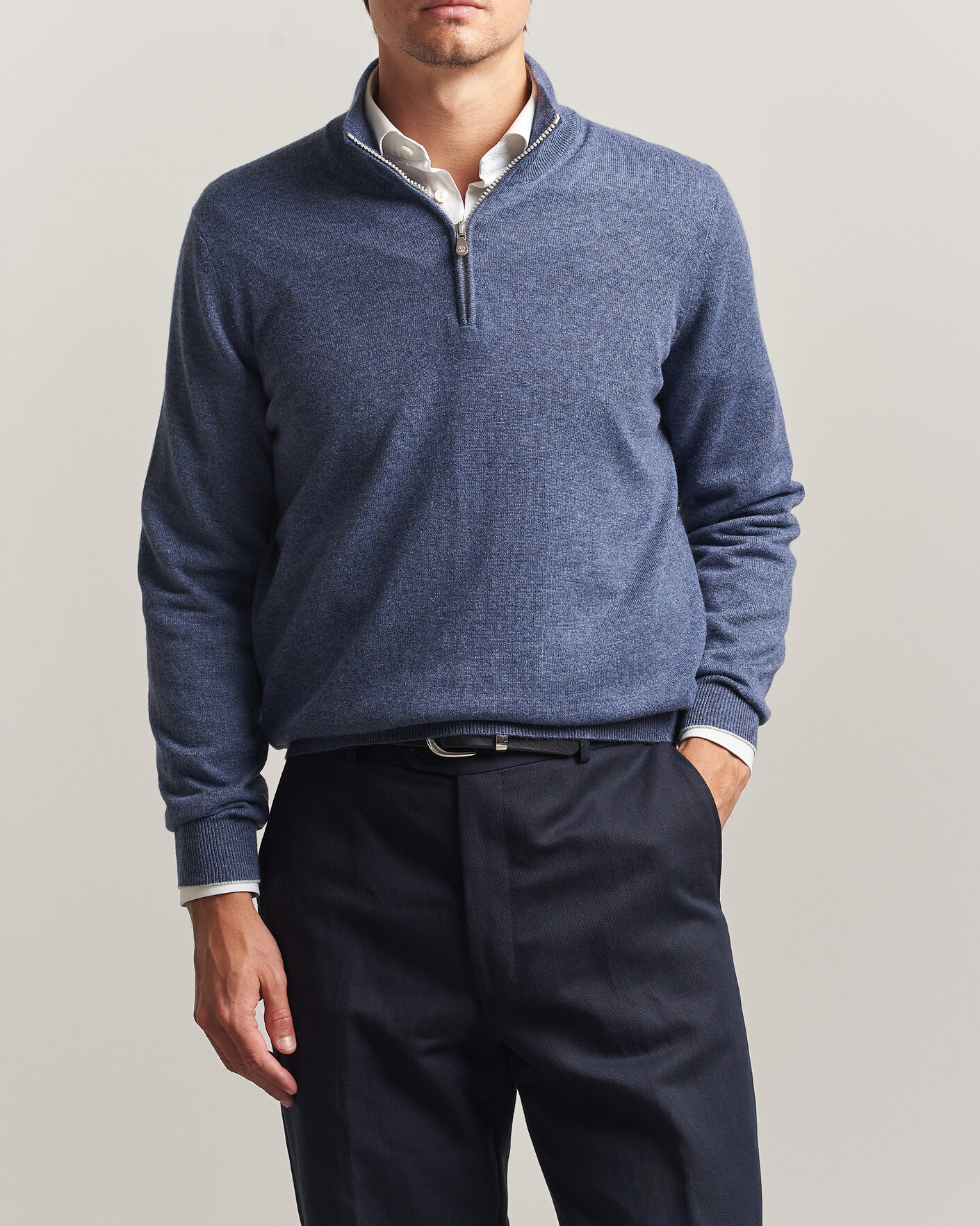 Mies | Puserot | Brunello Cucinelli | 2 Ply Cashmere Half Zip Denim Blue
