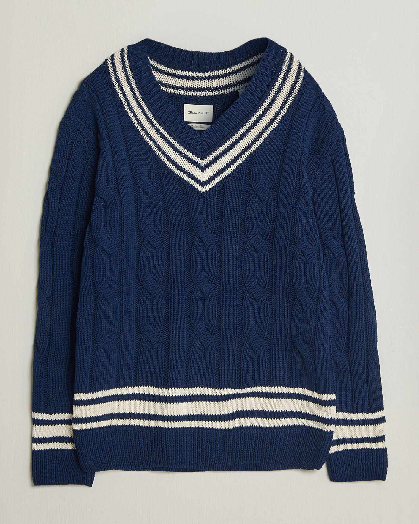 Mies | Puserot | Gant | Mercerized Cotton Knitted Cable V-Neck Persian Blue