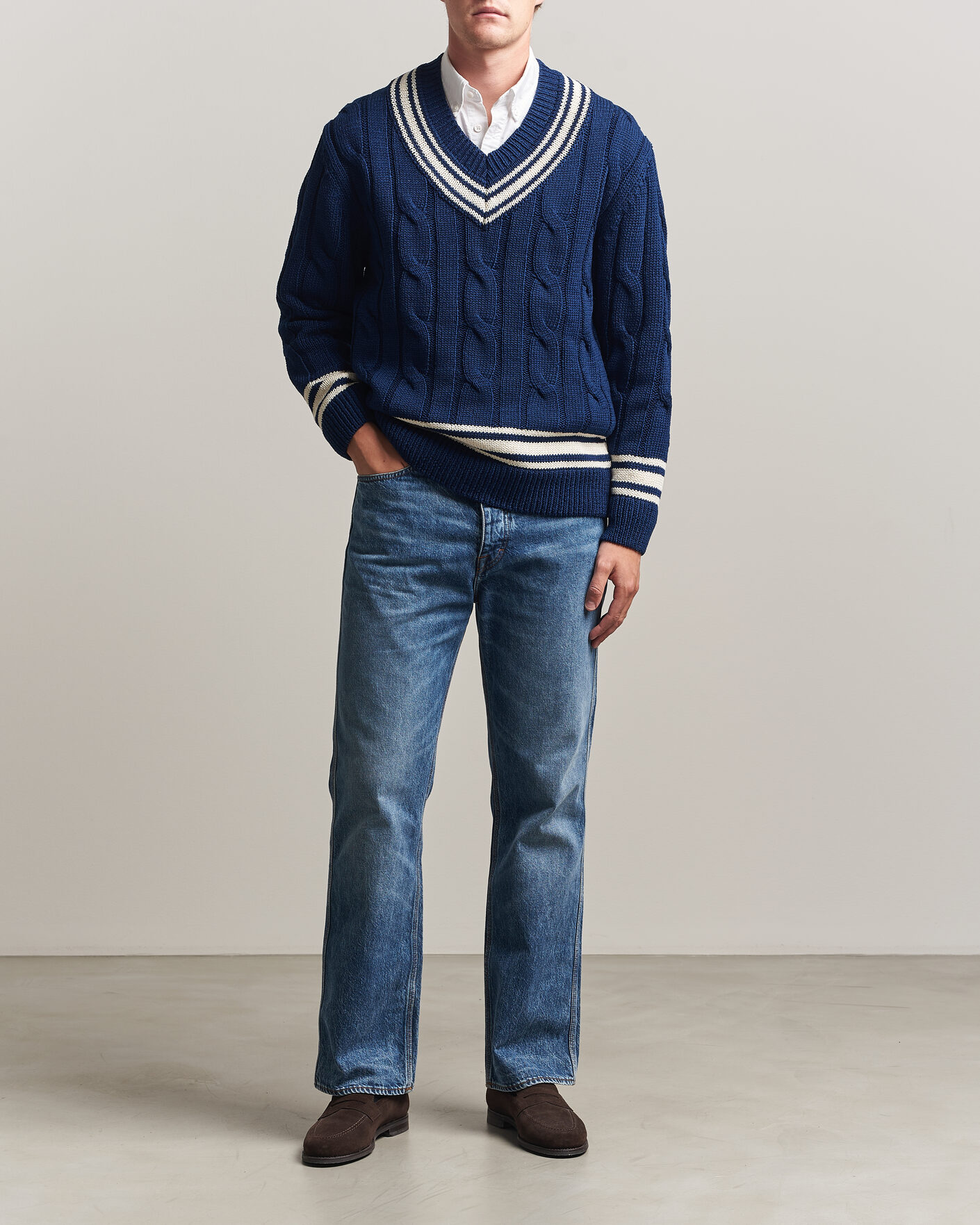 Mies | Puserot | Gant | Mercerized Cotton Knitted Cable V-Neck Persian Blue