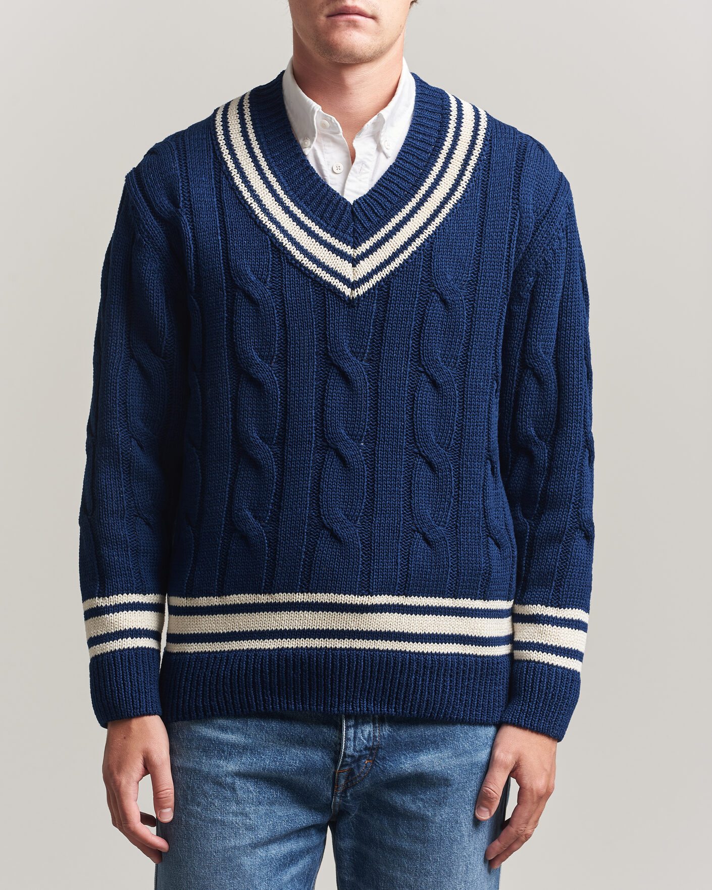 Mies | Puserot | Gant | Mercerized Cotton Knitted Cable V-Neck Persian Blue
