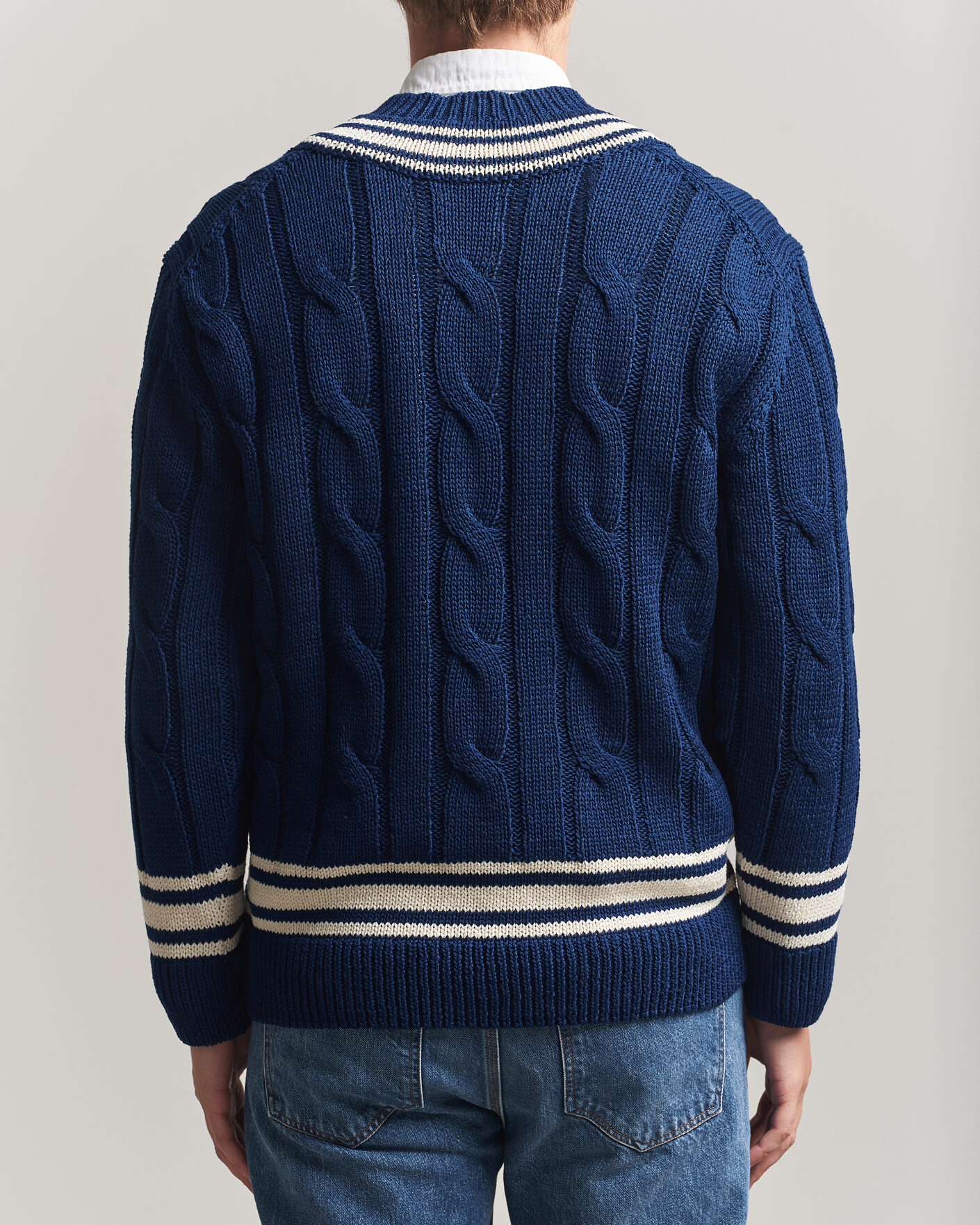 Mies | Puserot | Gant | Mercerized Cotton Knitted Cable V-Neck Persian Blue