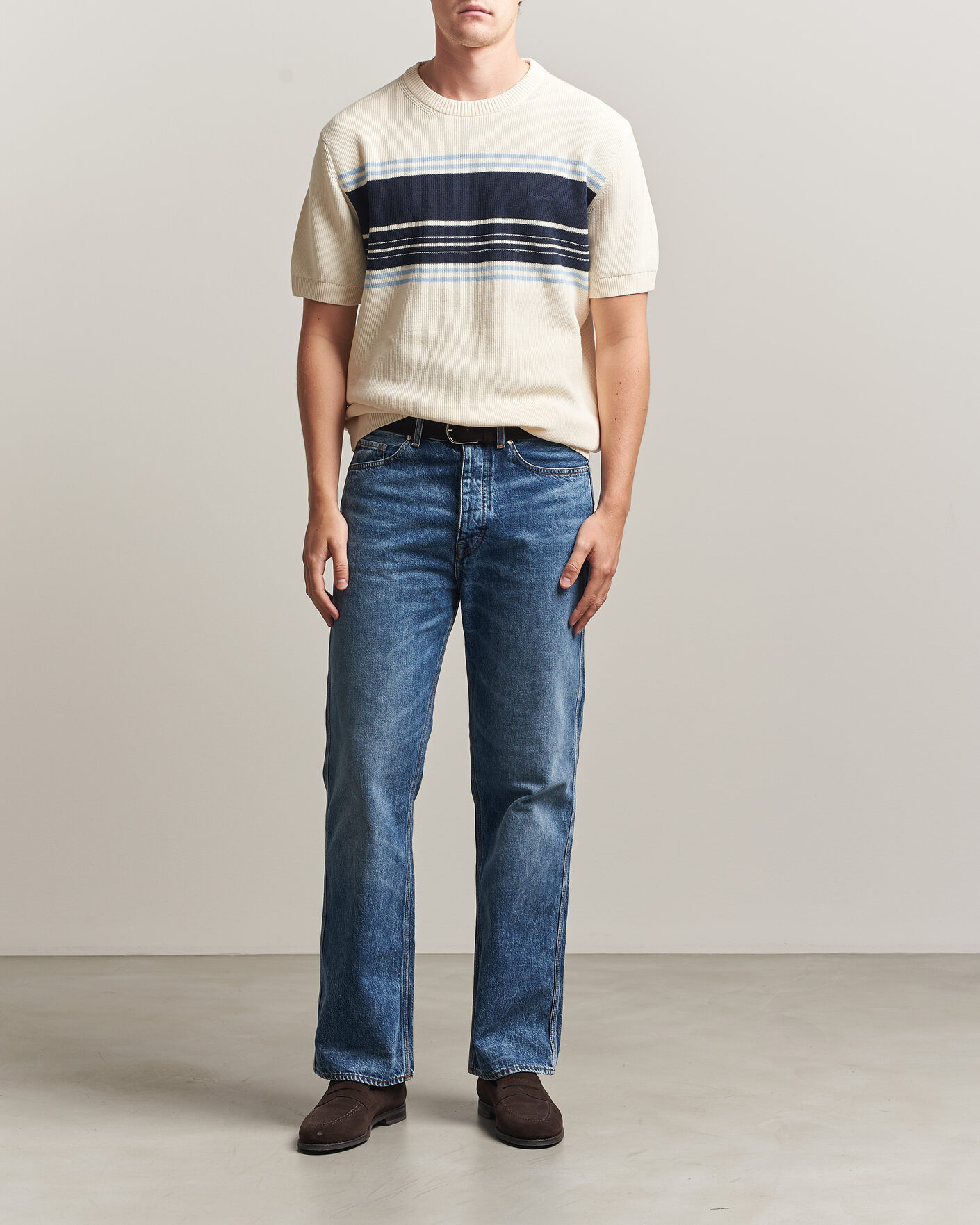 Mies | T-paidat | Gant | Knitted Striped T-shirt Cream