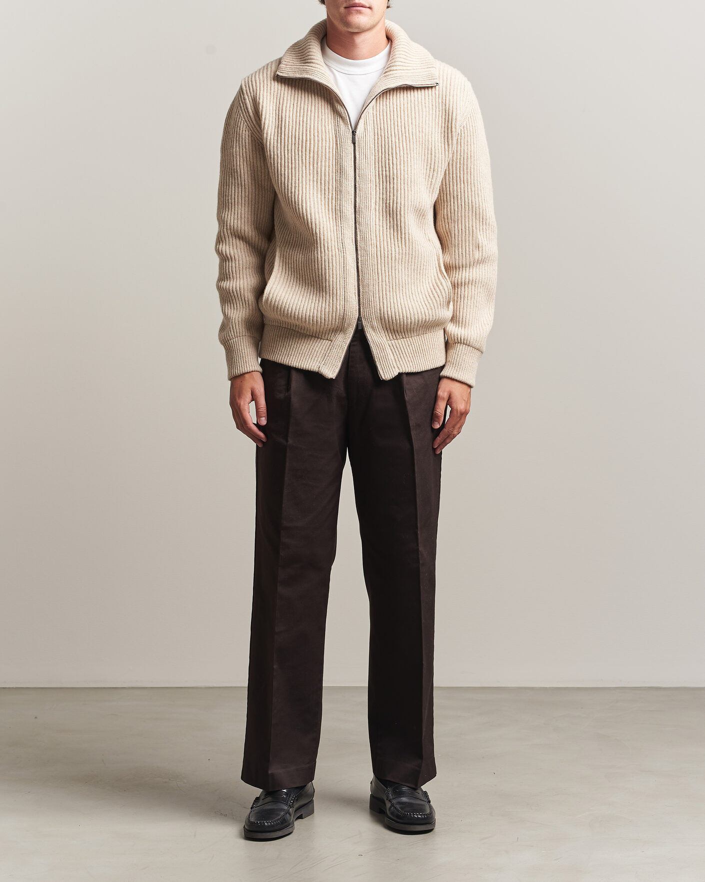 Mies | Puserot | Altea | Rib Wool Bomber Cardigan Beige