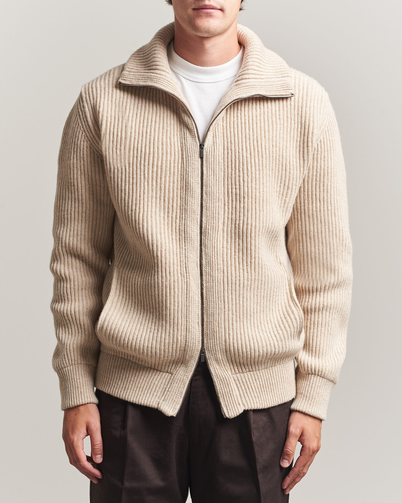 Mies | Puserot | Altea | Rib Wool Bomber Cardigan Beige