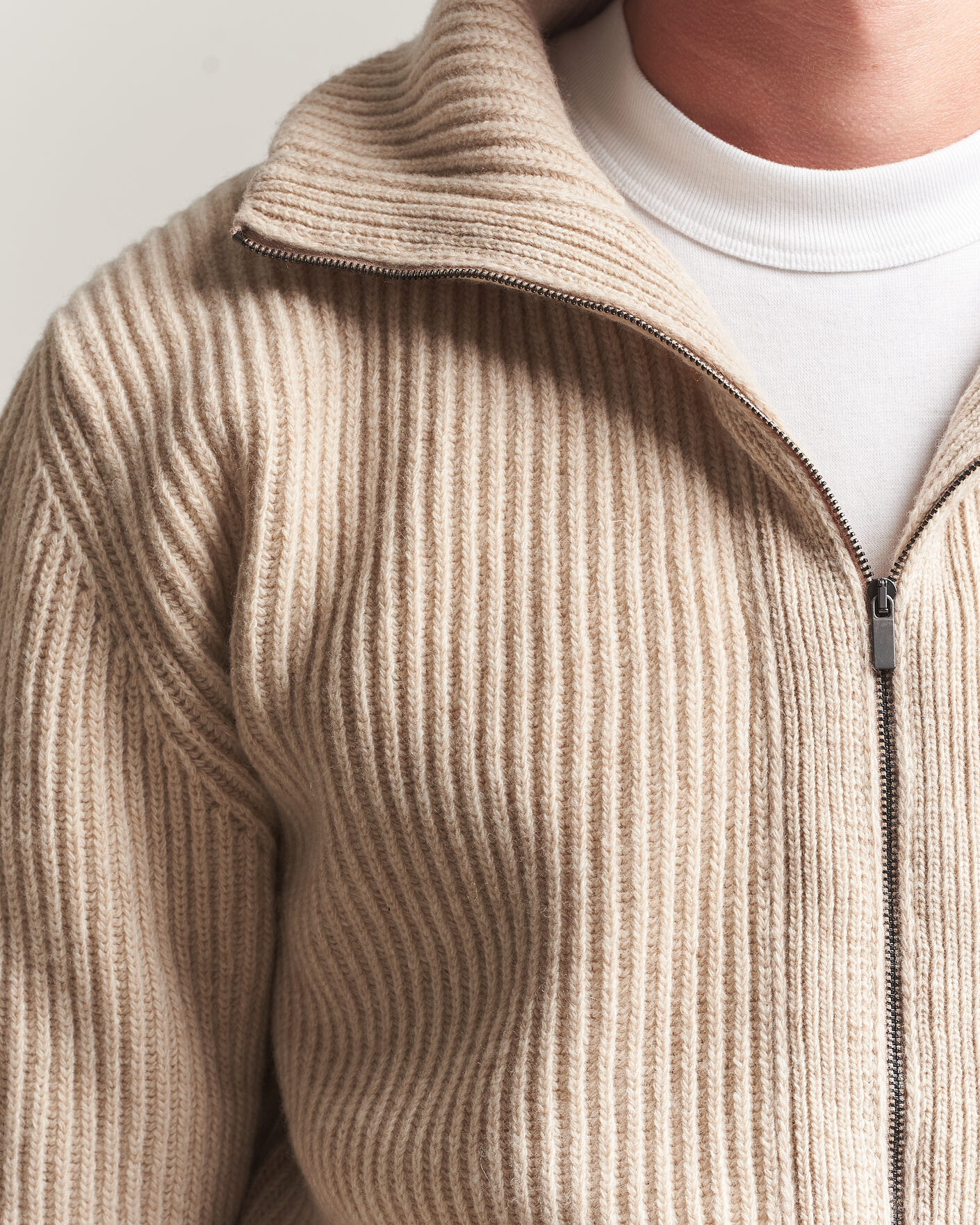 Mies | Puserot | Altea | Rib Wool Bomber Cardigan Beige