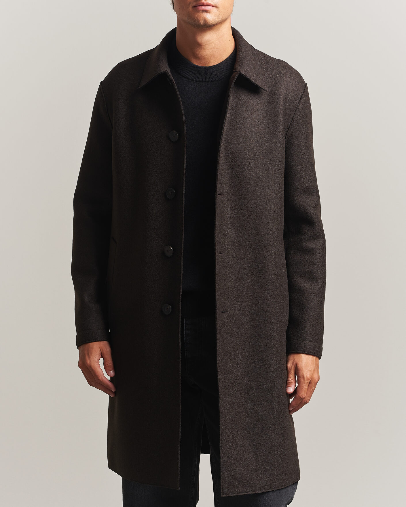 Mies | Takit | Harris Wharf London | Pressed Wool Mac Coat Dark Brown