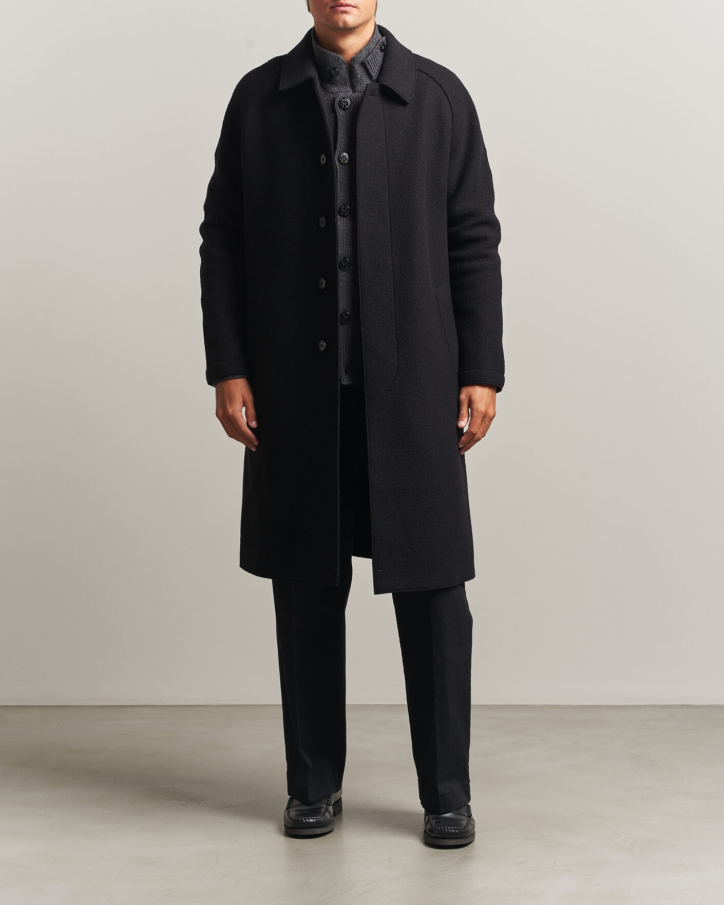 Mies | Takit | Harris Wharf London | Boiled Wool Fly Front Balmacan Coat Black