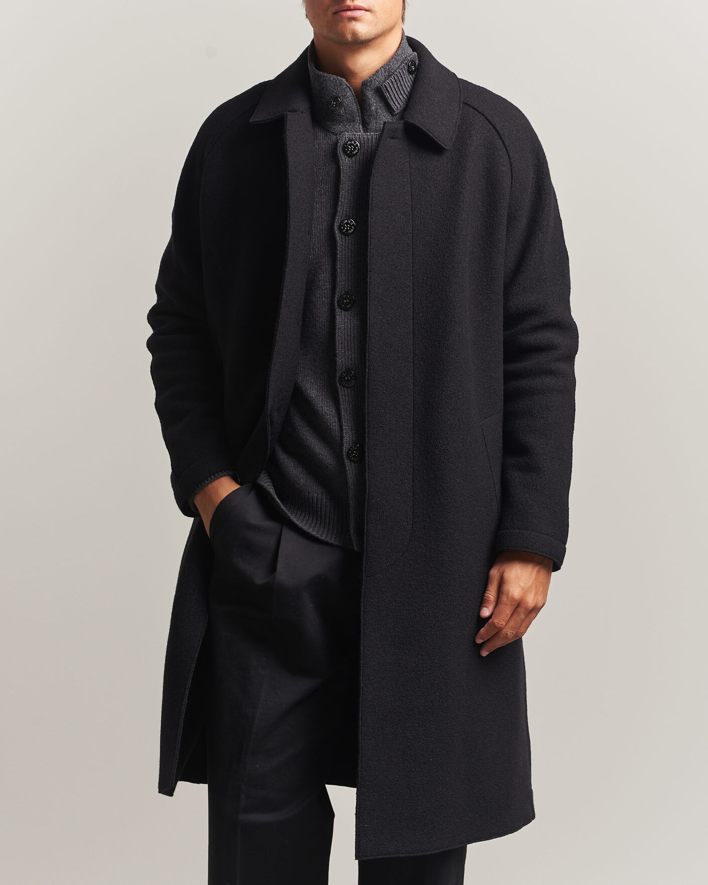 Mies | Takit | Harris Wharf London | Boiled Wool Fly Front Balmacan Coat Black