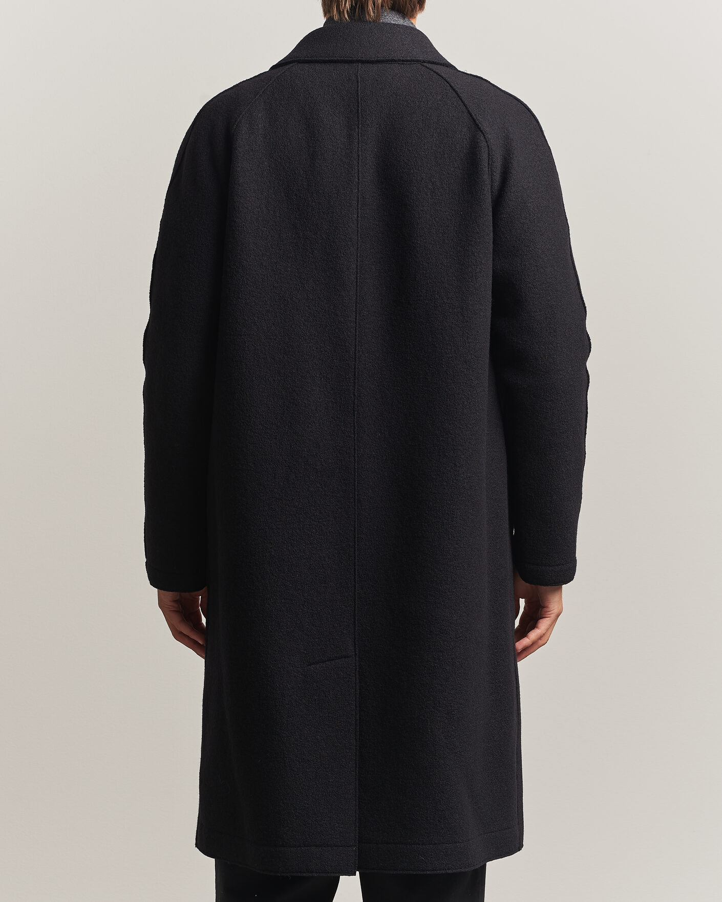 Mies | Takit | Harris Wharf London | Boiled Wool Fly Front Balmacan Coat Black