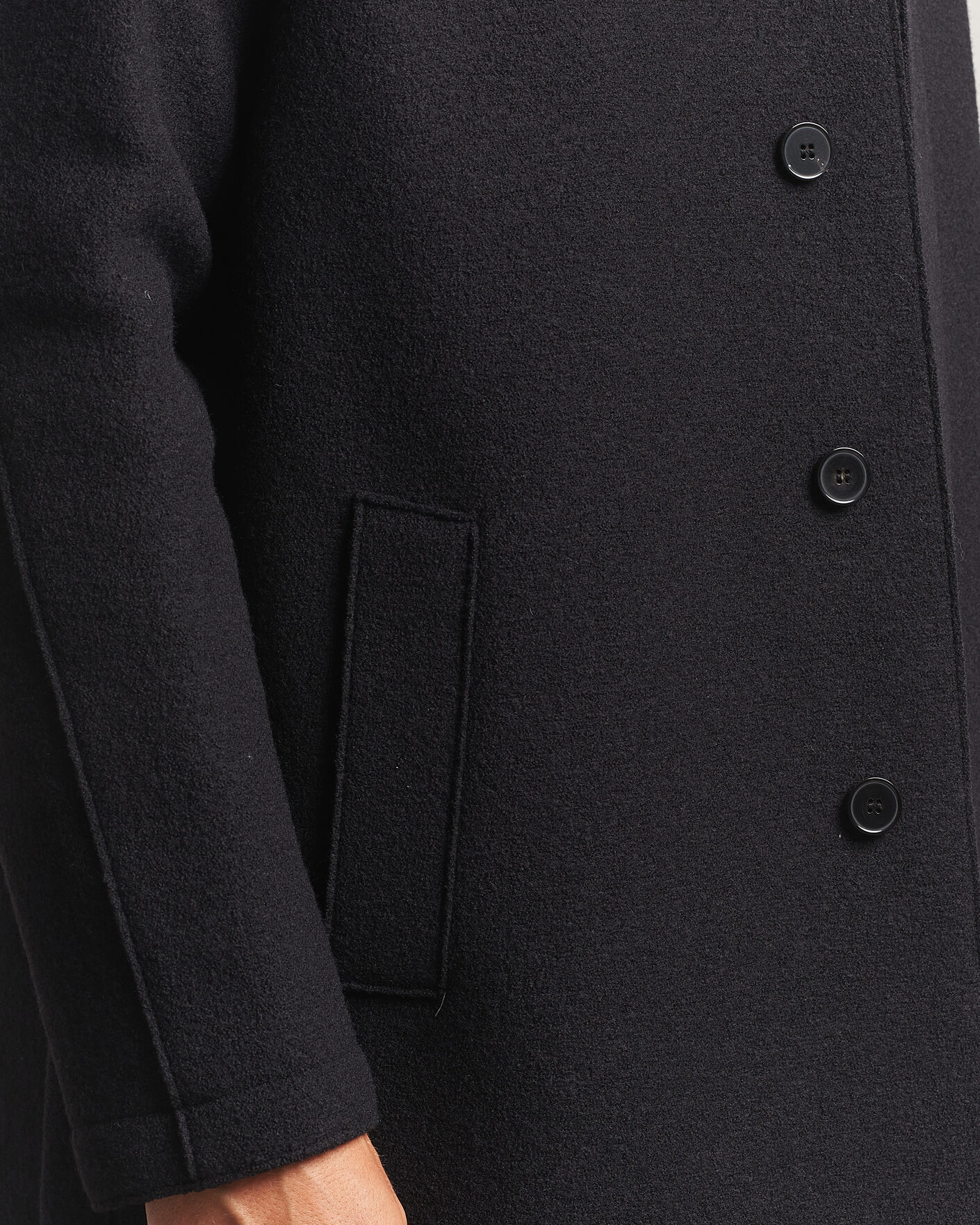 Mies | Takit | Harris Wharf London | Boiled Wool Fly Front Balmacan Coat Black