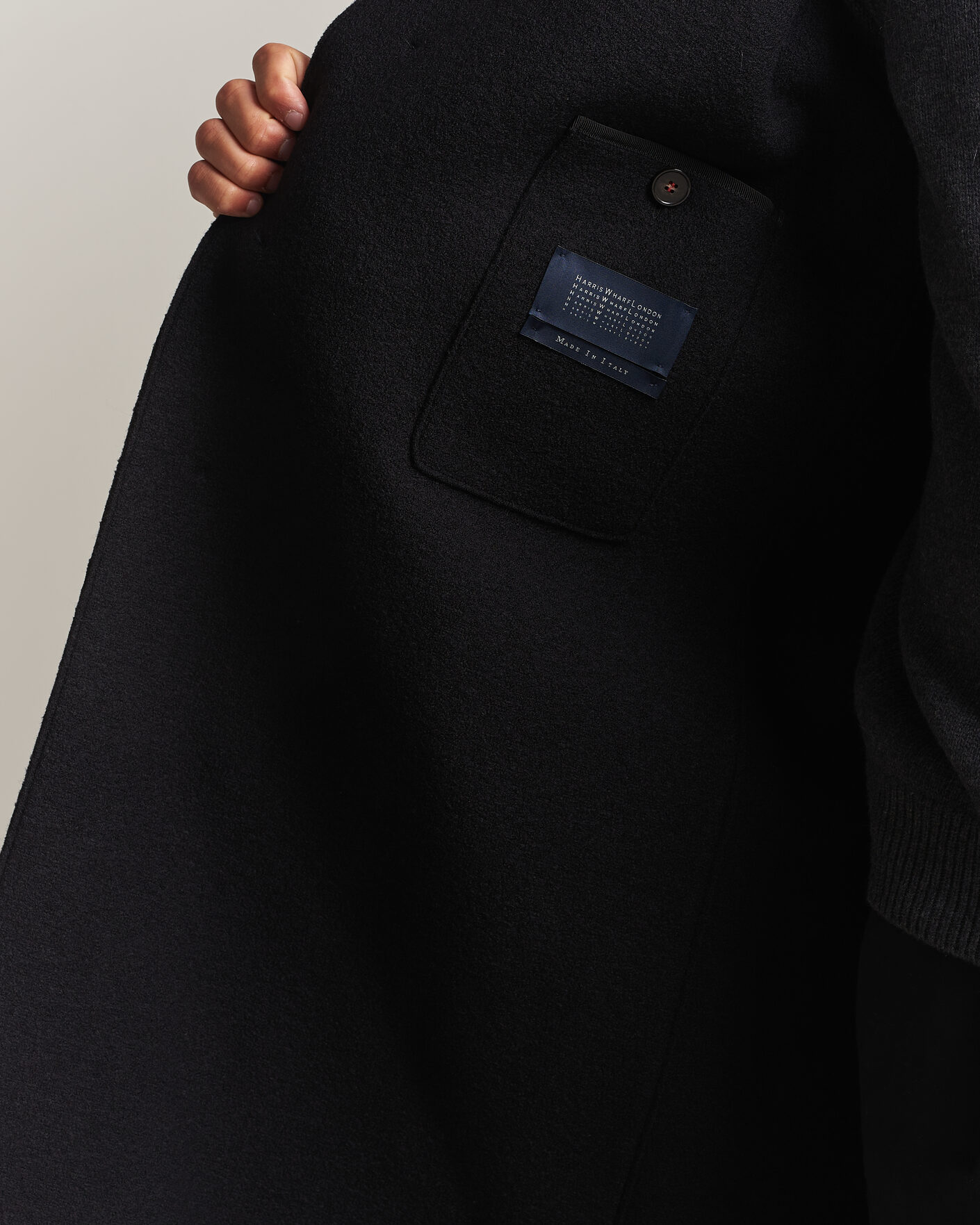 Mies | Takit | Harris Wharf London | Boiled Wool Fly Front Balmacan Coat Black