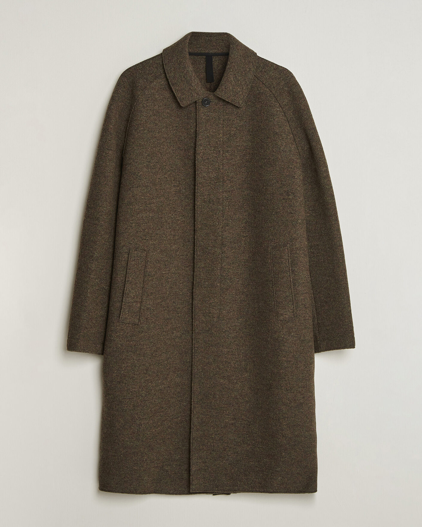 Mies | Takit | Harris Wharf London | Boiled Wool Fly Front Balmacan Coat Brown/Green