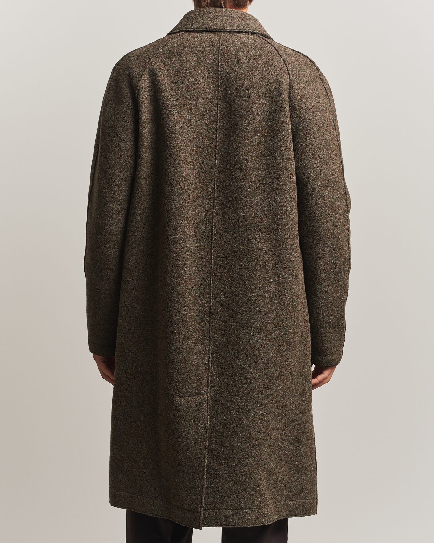 Mies | Takit | Harris Wharf London | Boiled Wool Fly Front Balmacan Coat Brown/Green