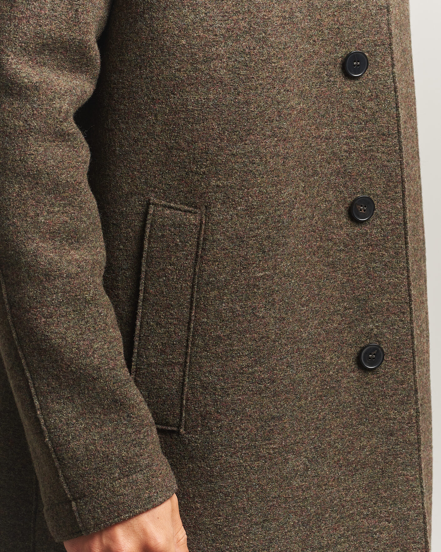Mies | Takit | Harris Wharf London | Boiled Wool Fly Front Balmacan Coat Brown/Green