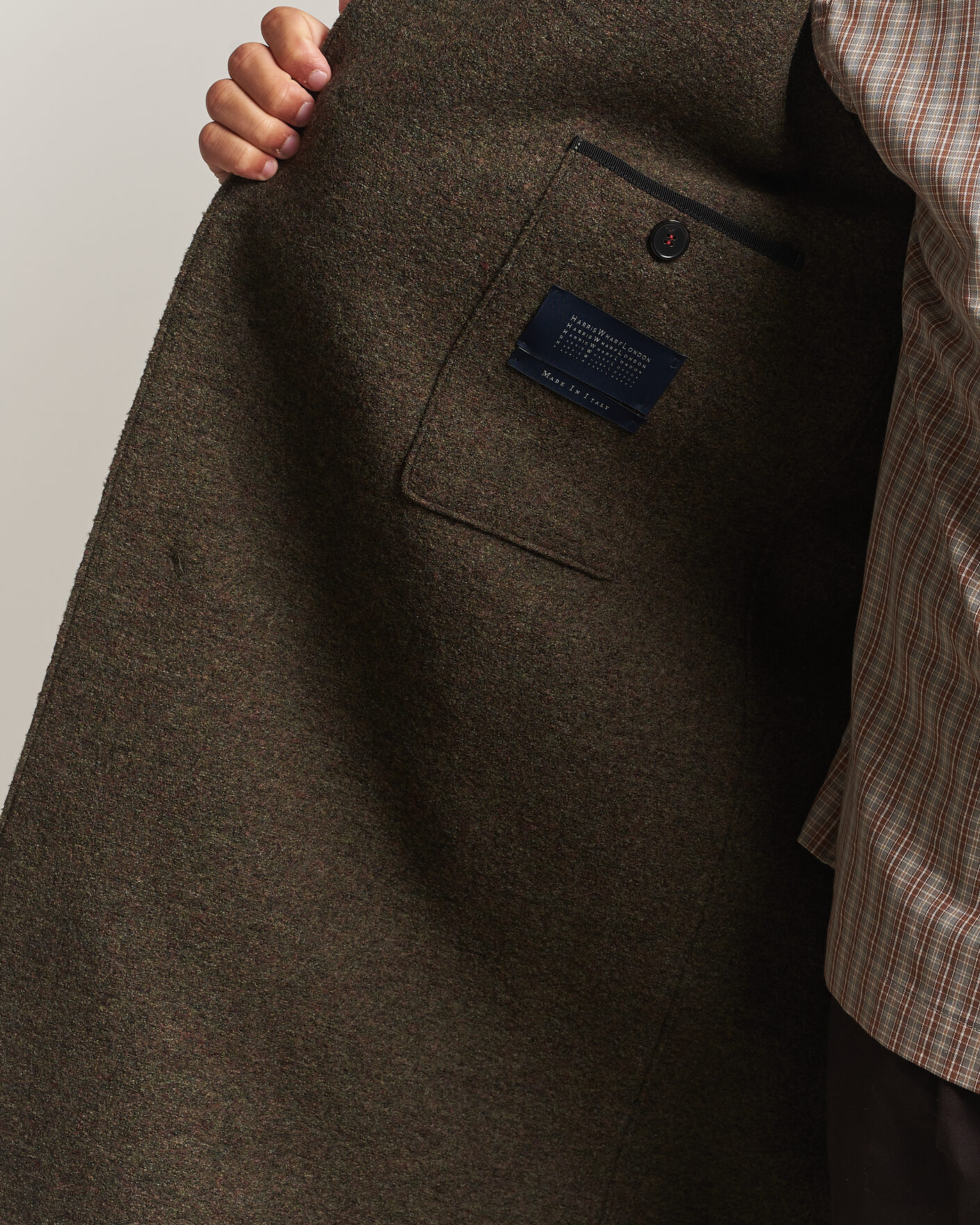 Mies | Takit | Harris Wharf London | Boiled Wool Fly Front Balmacan Coat Brown/Green