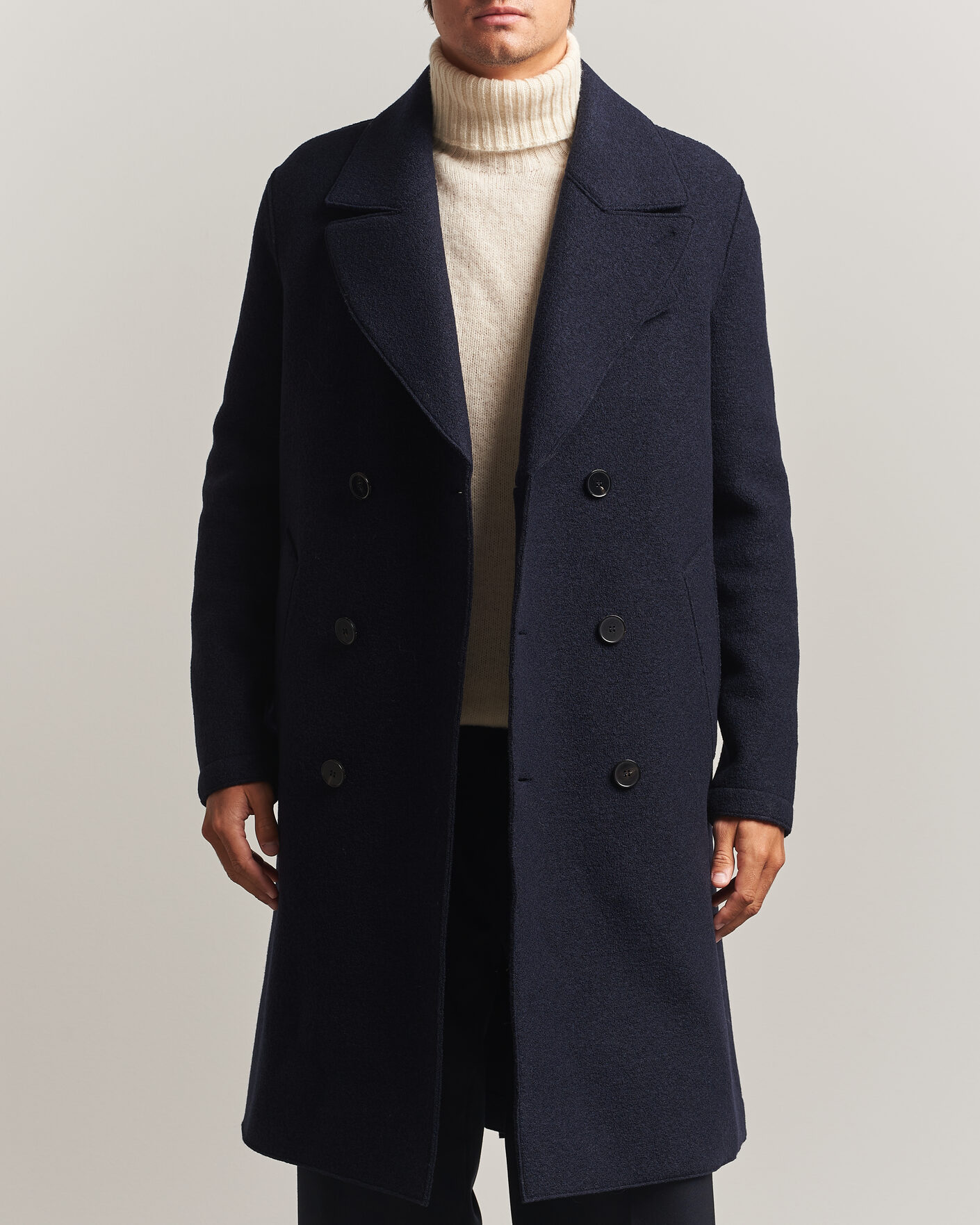 Mies | Takit | Harris Wharf London | Pressed Wool Long Peacoat Navy Blue