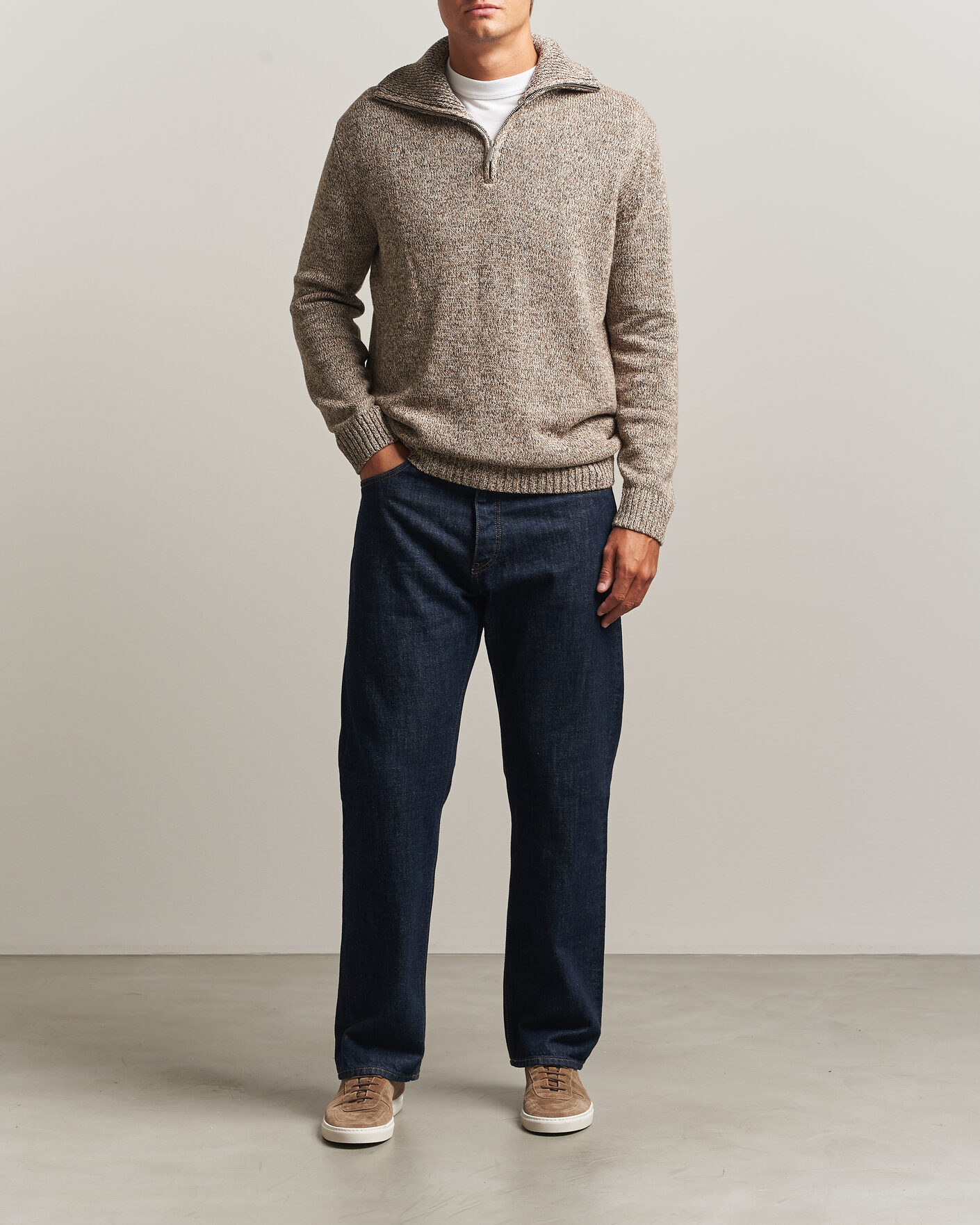 Mies | Puserot | KnowledgeCotton Apparel | Heavy Knitted Half Zip Brown