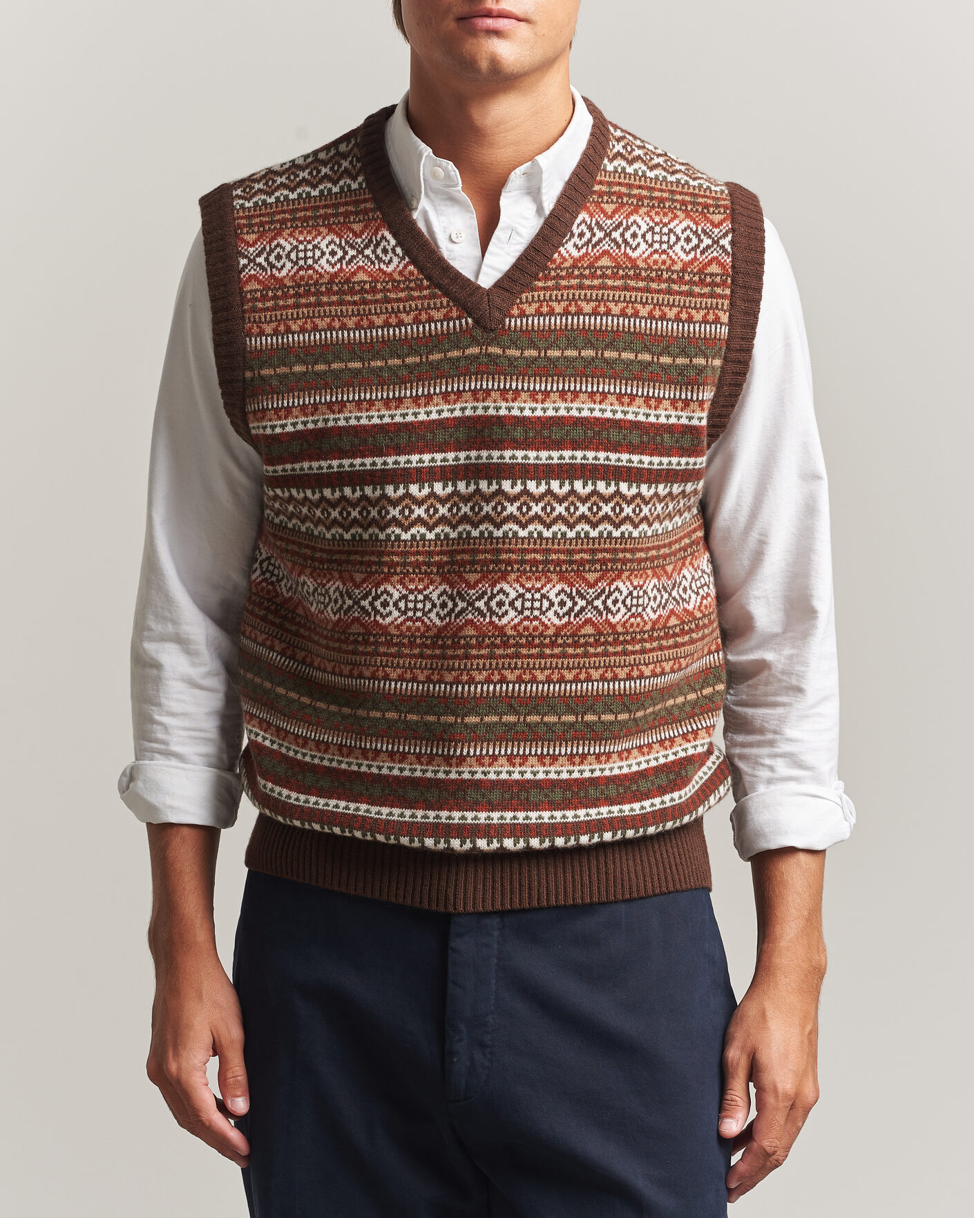 Mies | Puserot | Morgano | Wool/Cashmere Fair Isle Knitted Vest Brown