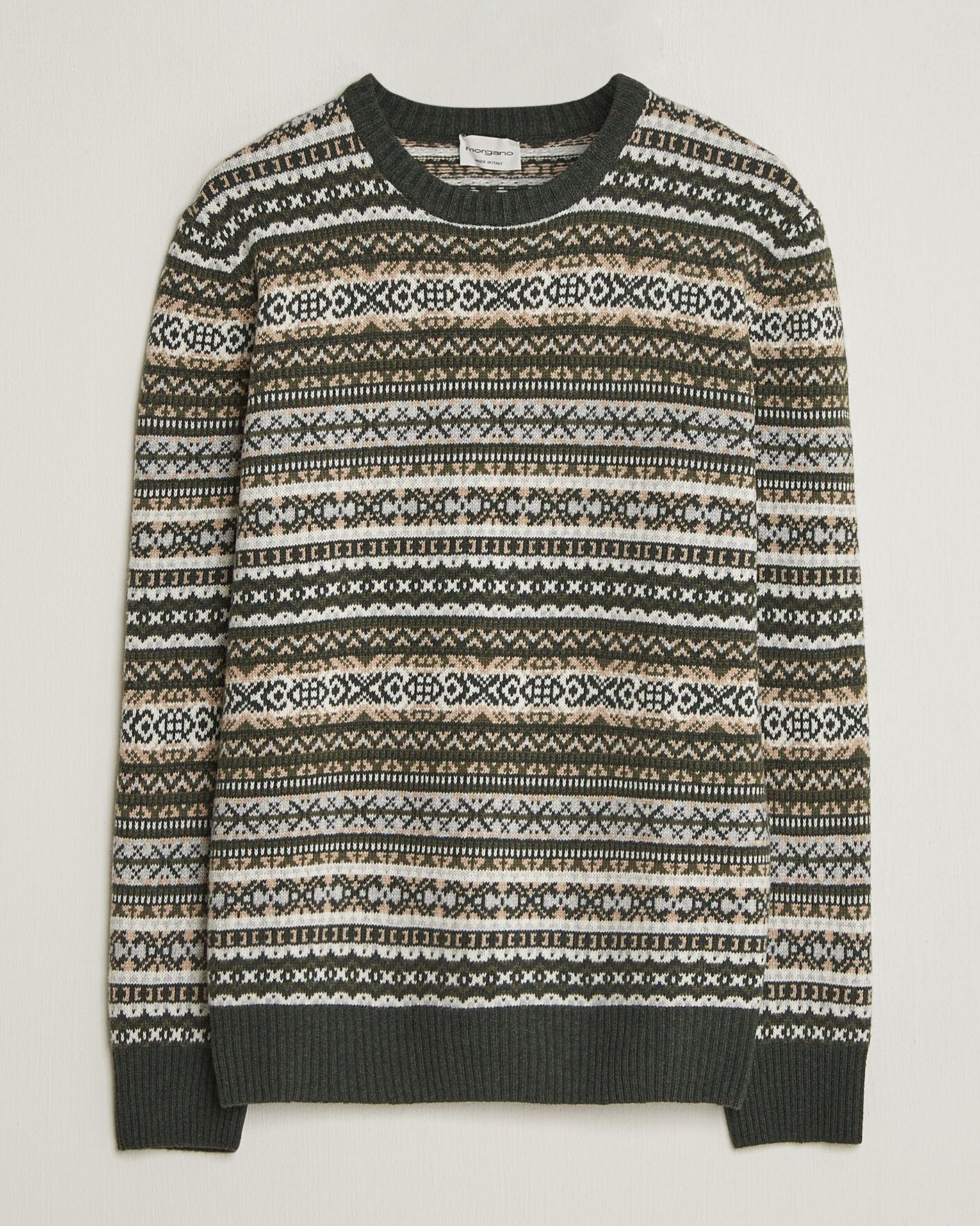 Mies | Puserot | Morgano | Wool/Cashmere Fair Isle Knitted Crewneck Green