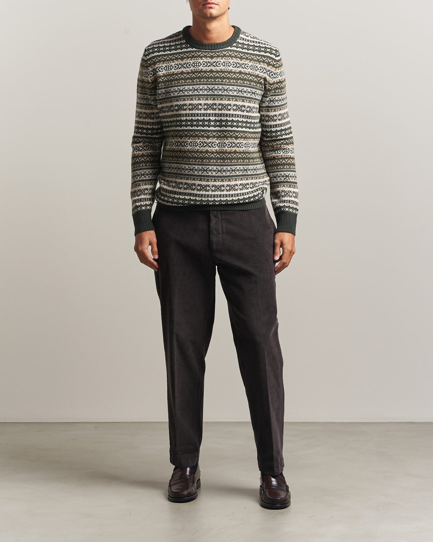 Mies | Puserot | Morgano | Wool/Cashmere Fair Isle Knitted Crewneck Green