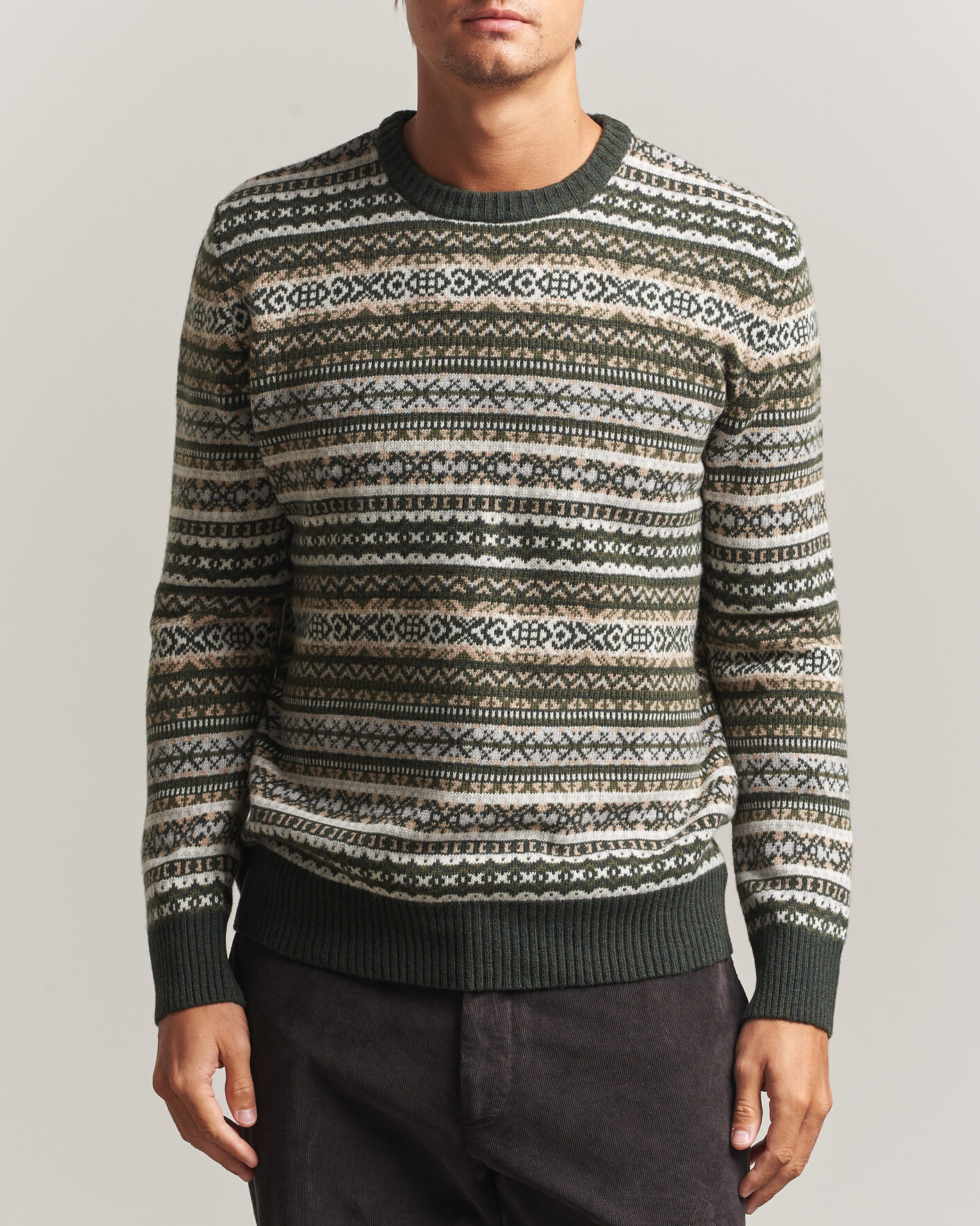 Mies | Puserot | Morgano | Wool/Cashmere Fair Isle Knitted Crewneck Green