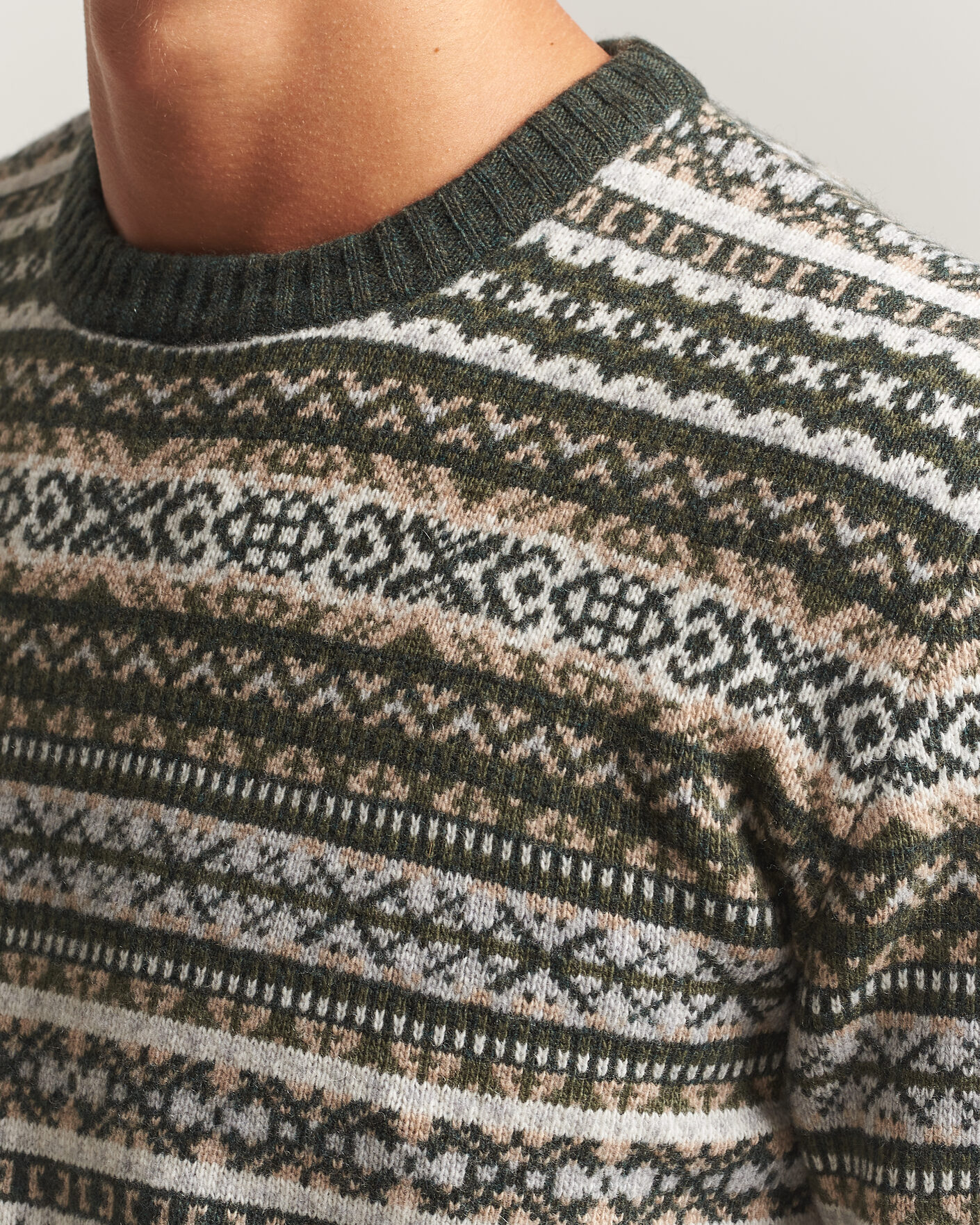 Mies | Puserot | Morgano | Wool/Cashmere Fair Isle Knitted Crewneck Green