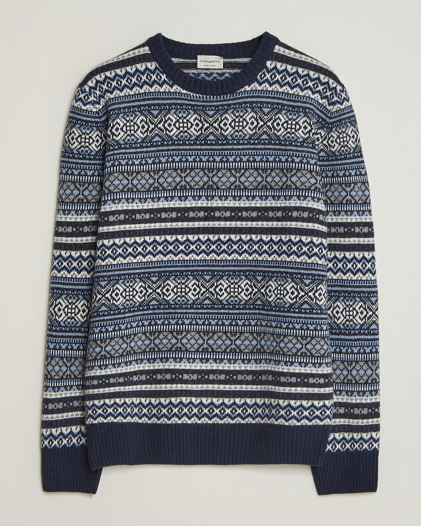 Mies | Puserot | Morgano | Wool/Cashmere Fair Isle Knitted Crewneck Navy