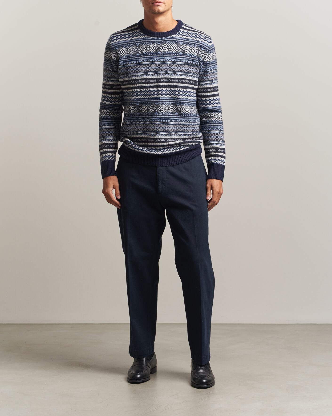 Mies | Puserot | Morgano | Wool/Cashmere Fair Isle Knitted Crewneck Navy