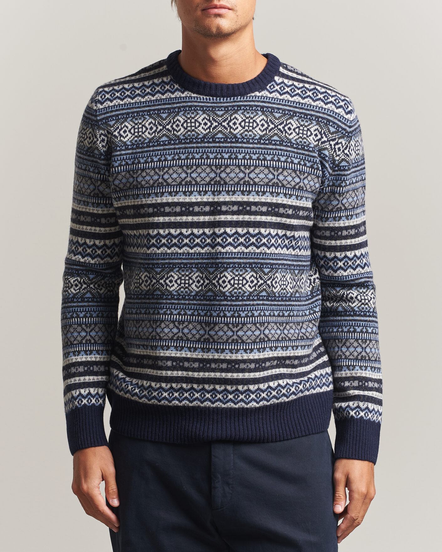 Mies | Puserot | Morgano | Wool/Cashmere Fair Isle Knitted Crewneck Navy