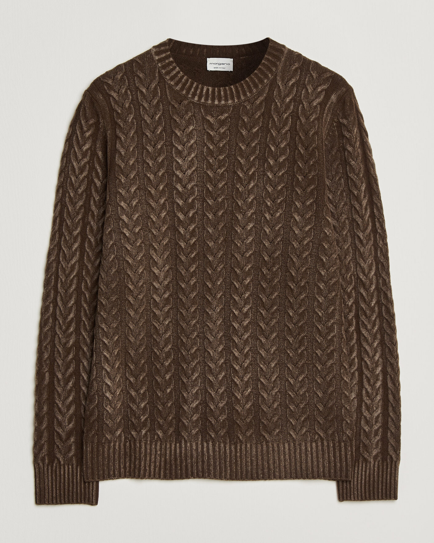 Mies | Puserot | Morgano | Cable Knitted Brushed Dyed Wool Crew Brown