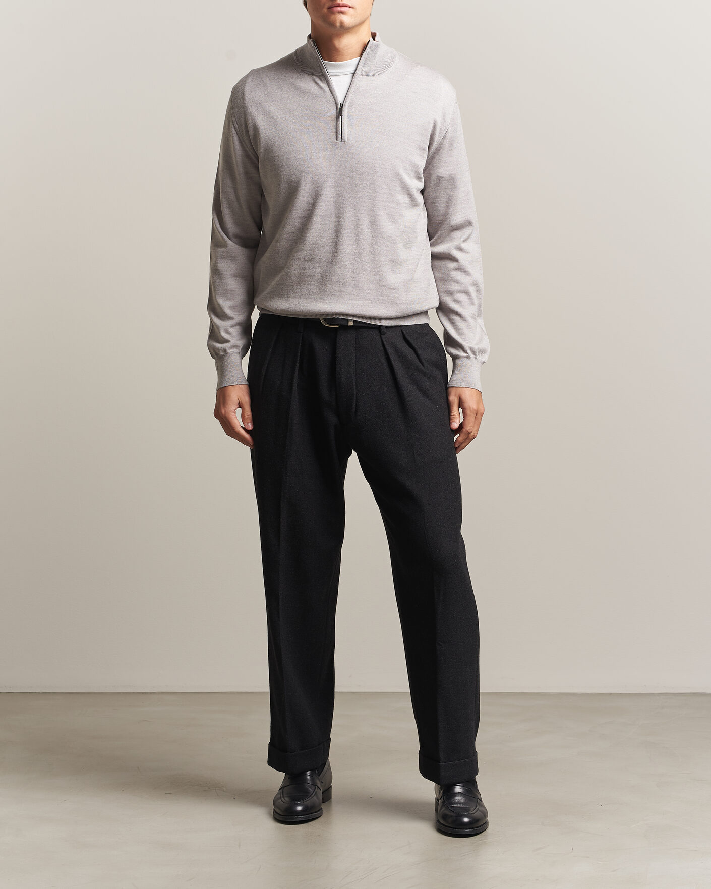 Mies | Puserot | Morgano | Extra Fine Merino Wool Half-Zip Light Grey