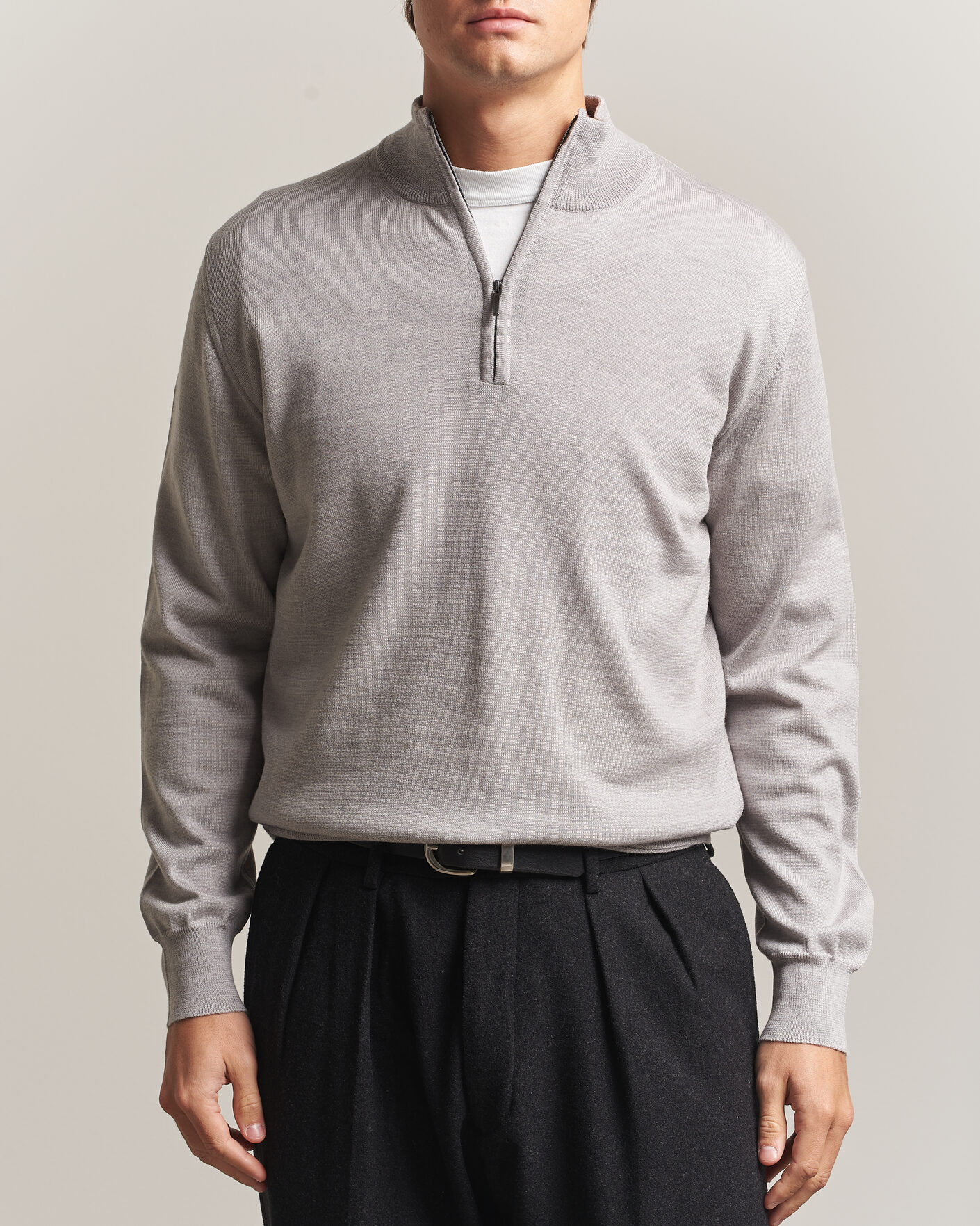 Mies | Puserot | Morgano | Extra Fine Merino Wool Half-Zip Light Grey
