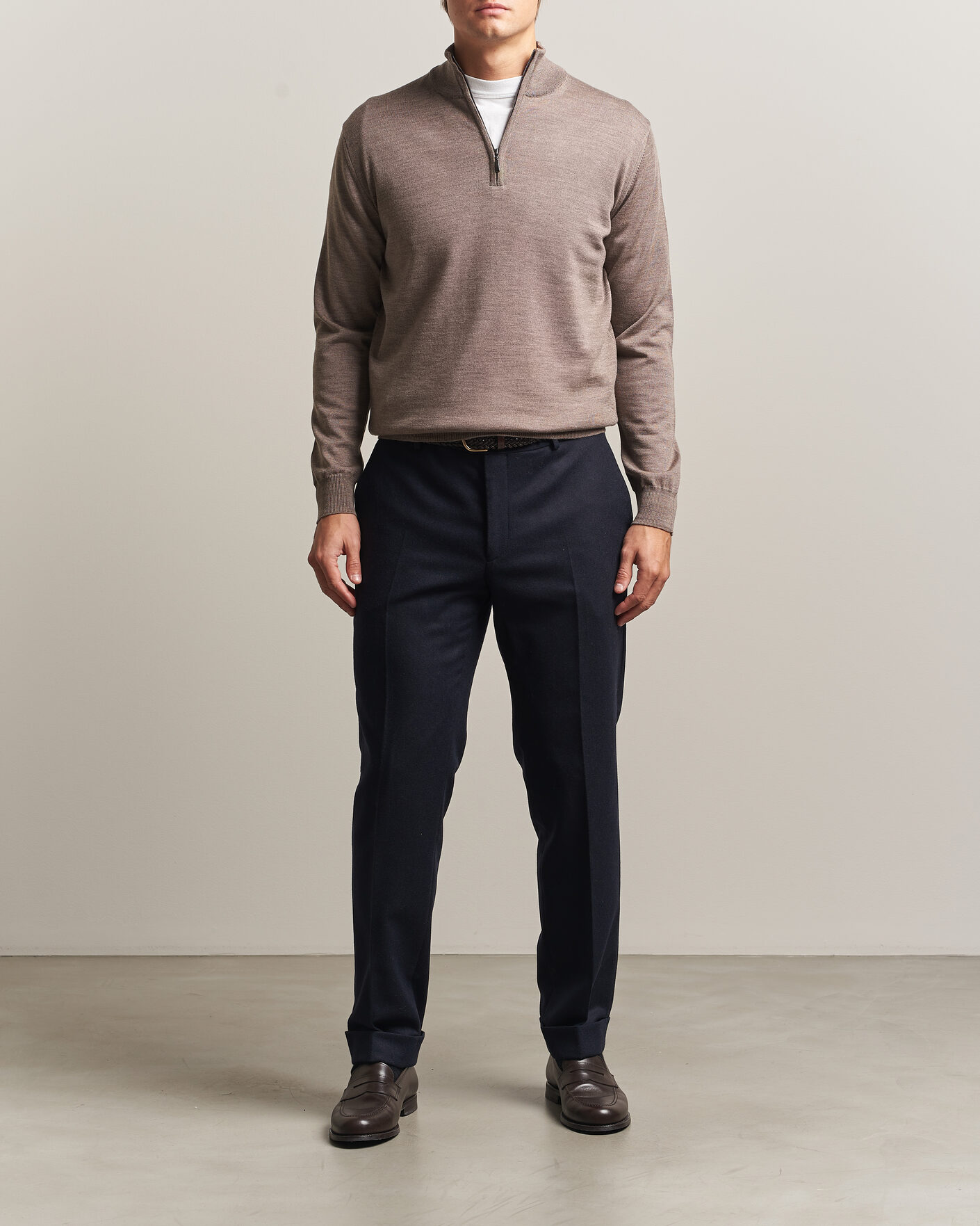 Mies | Puserot | Morgano | Extra Fine Merino Wool Half-Zip Mid Brown