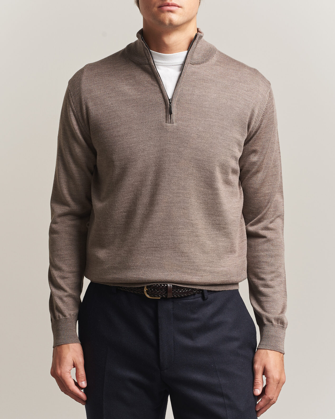 Mies | Puserot | Morgano | Extra Fine Merino Wool Half-Zip Mid Brown