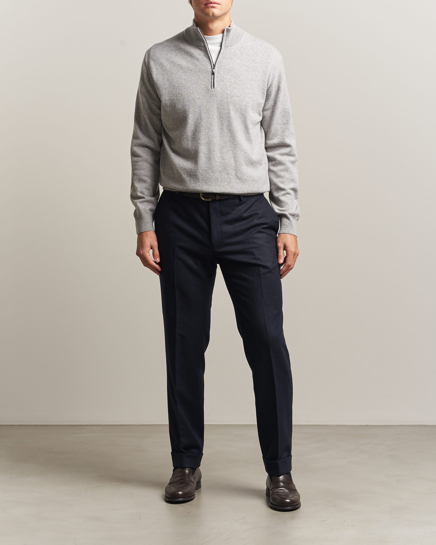Mies | Puserot | Morgano | Wool/Cashmere Half-Zip Mid Grey