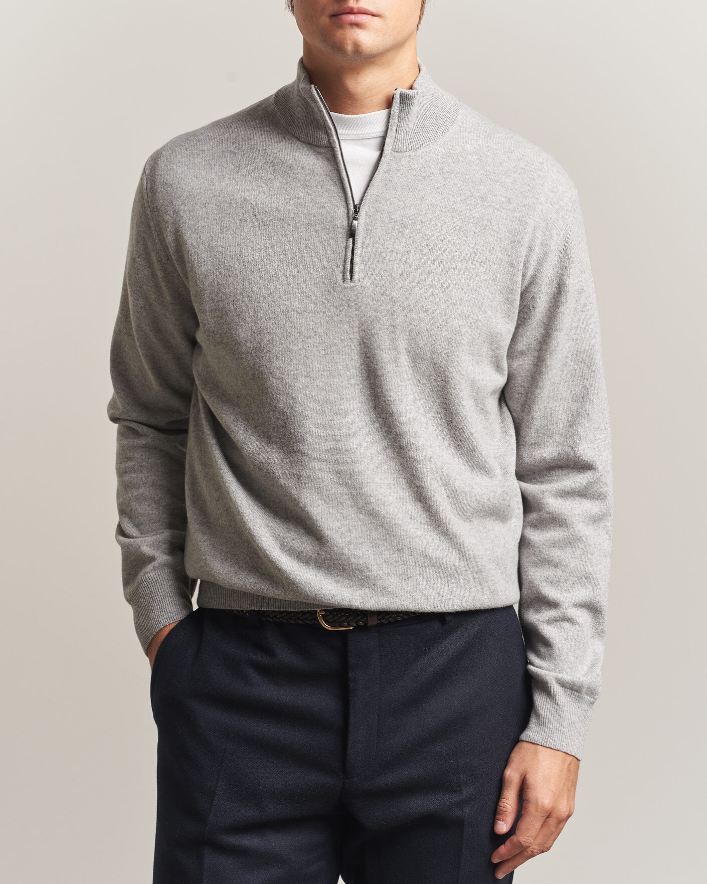 Mies | Puserot | Morgano | Wool/Cashmere Half-Zip Mid Grey