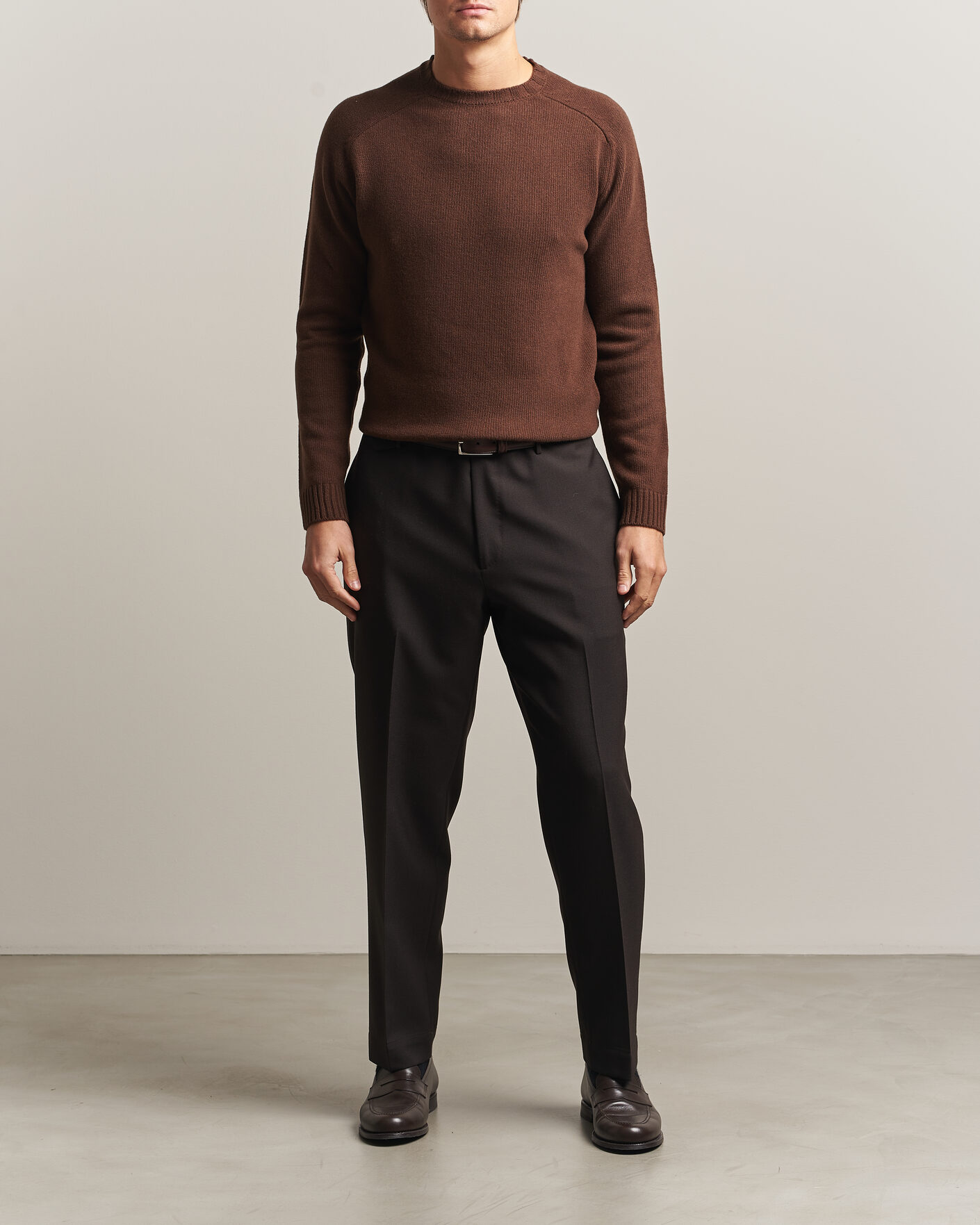 Mies | Puserot | Morgano | Heavy Knitted Wool/Cashmere Crewneck Dark Brown