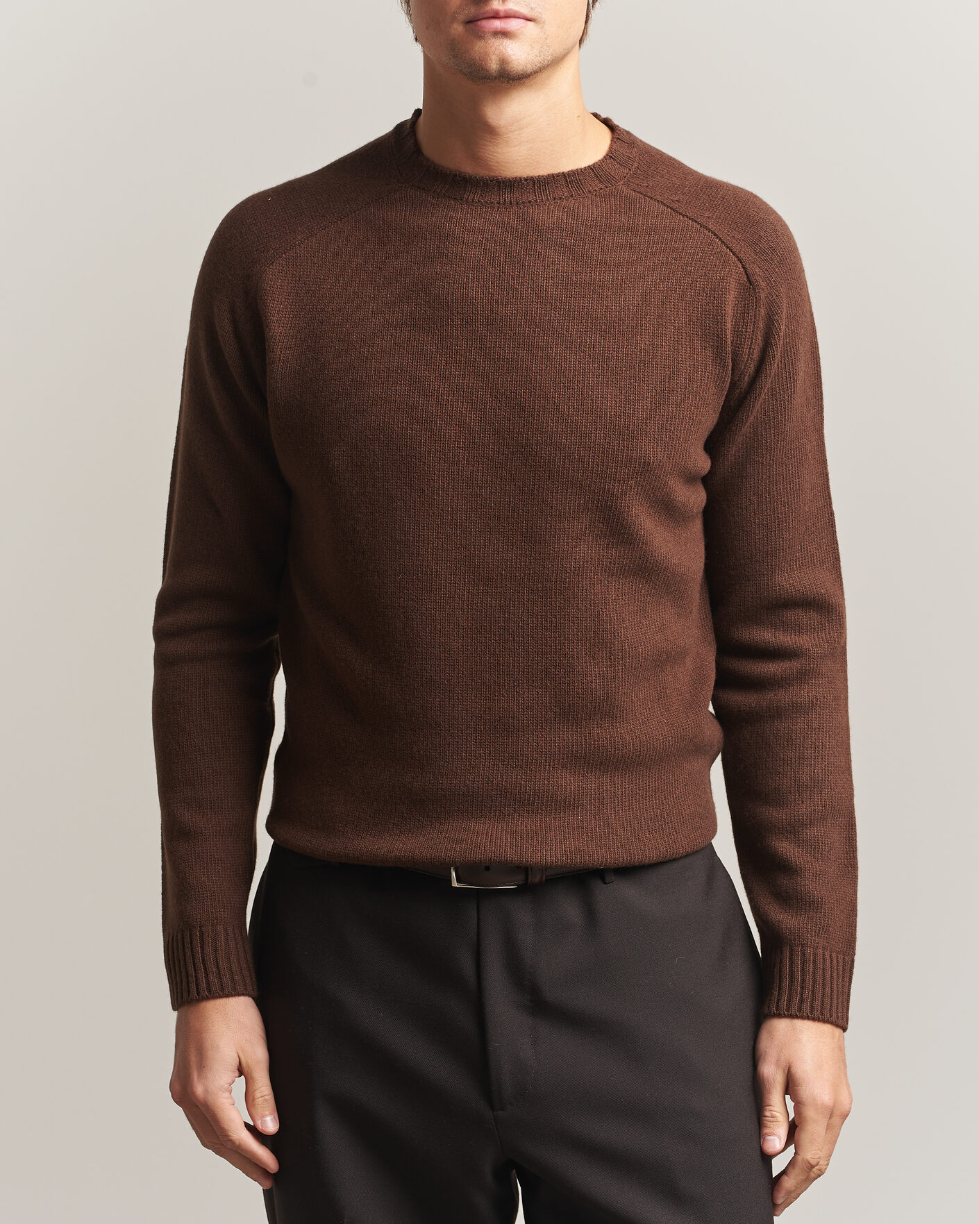 Mies | Puserot | Morgano | Heavy Knitted Wool/Cashmere Crewneck Dark Brown