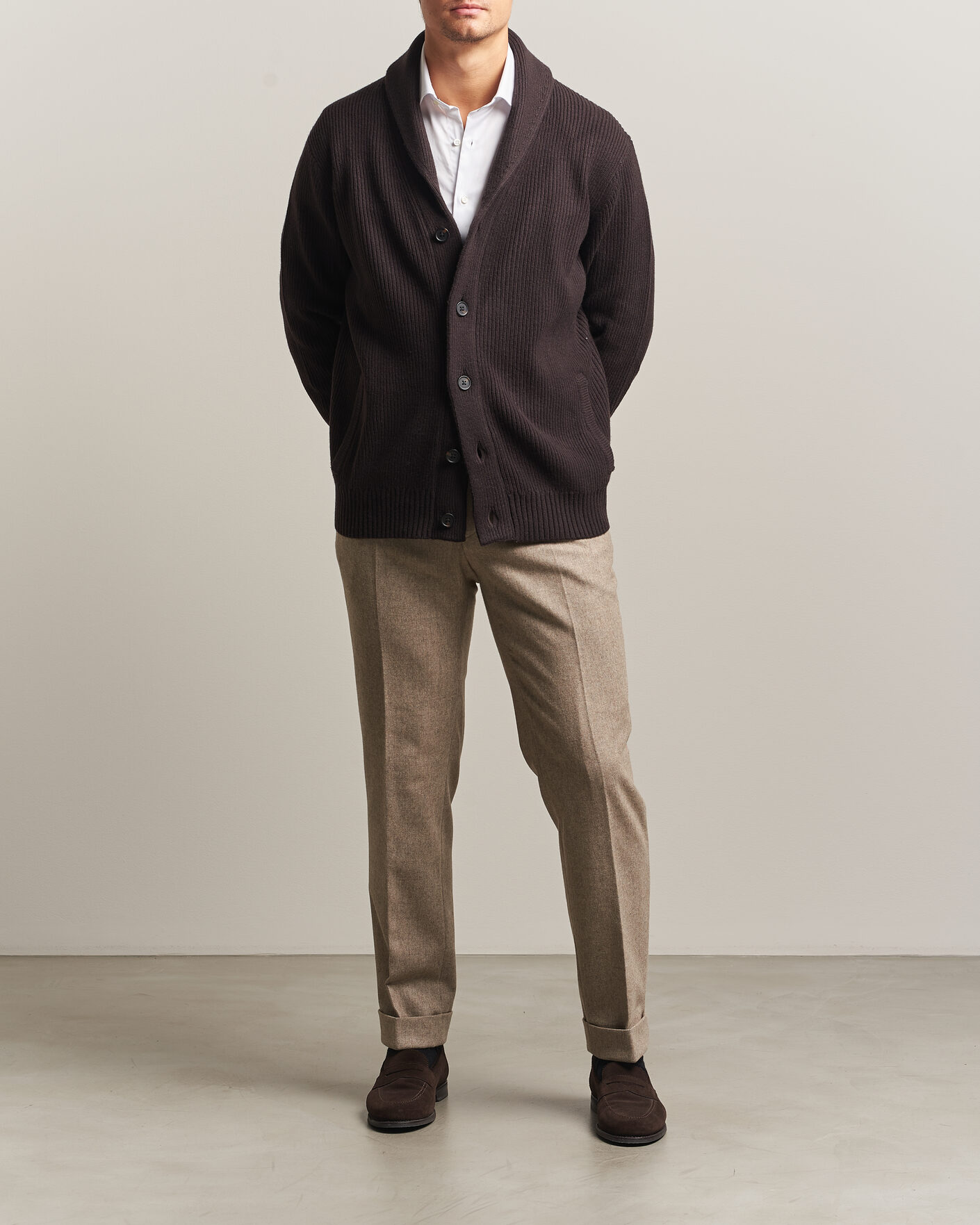 Mies | Puserot | Charles Tyrwhitt | Chunky Merino Shawl Neck Cardigan Chocolate