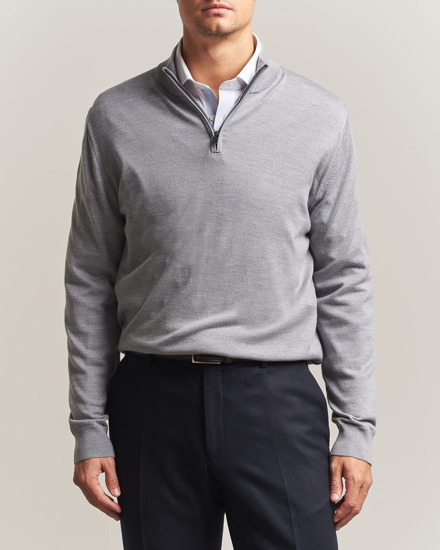 Mies | Puserot | Charles Tyrwhitt | Pure Merino Zip Neck Jumper Light Grey