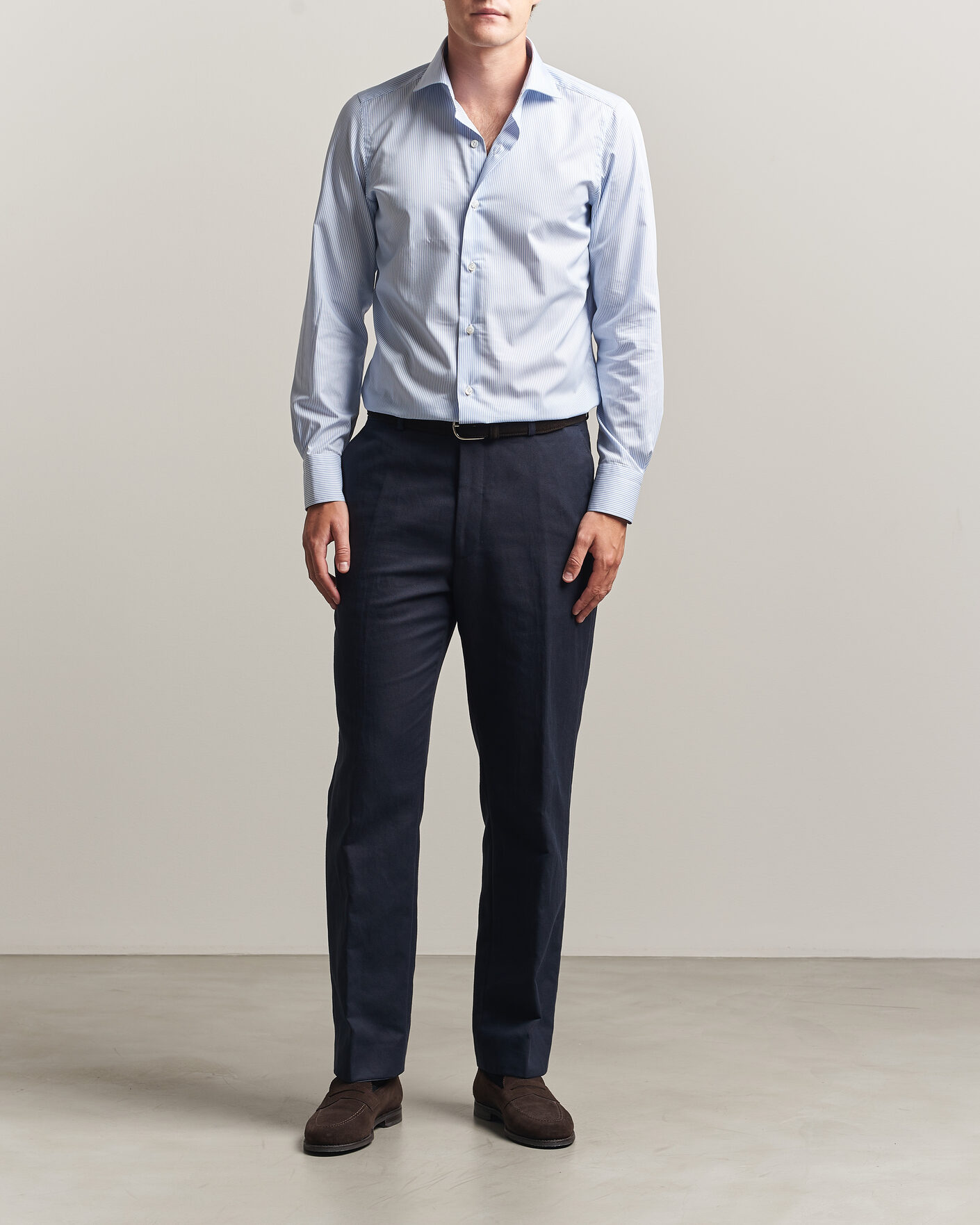 Mies | Kauluspaidat | Finamore Napoli | Milano Slim Traveller Cotton Shirt Blue Stripe