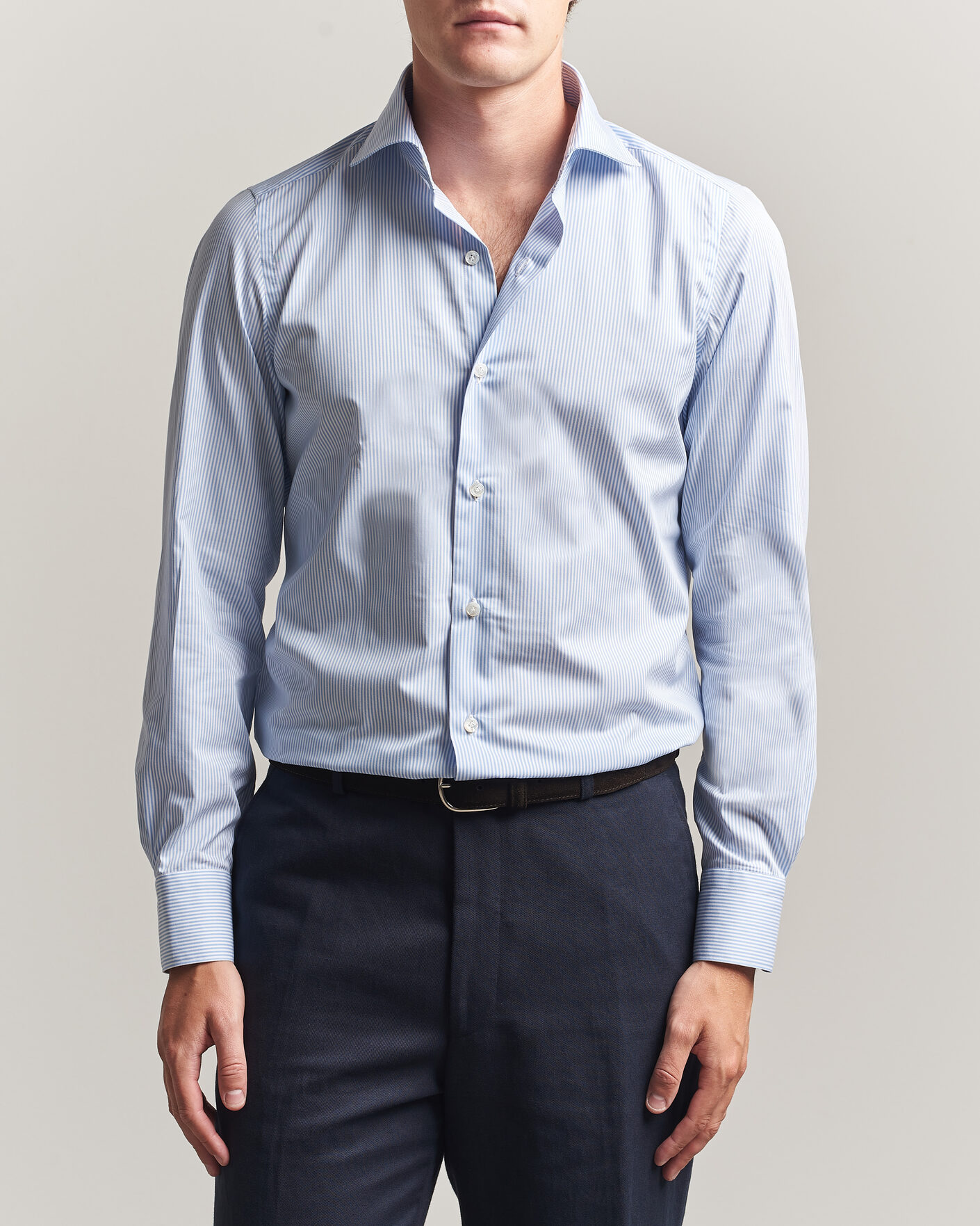 Mies | Kauluspaidat | Finamore Napoli | Milano Slim Traveller Cotton Shirt Blue Stripe
