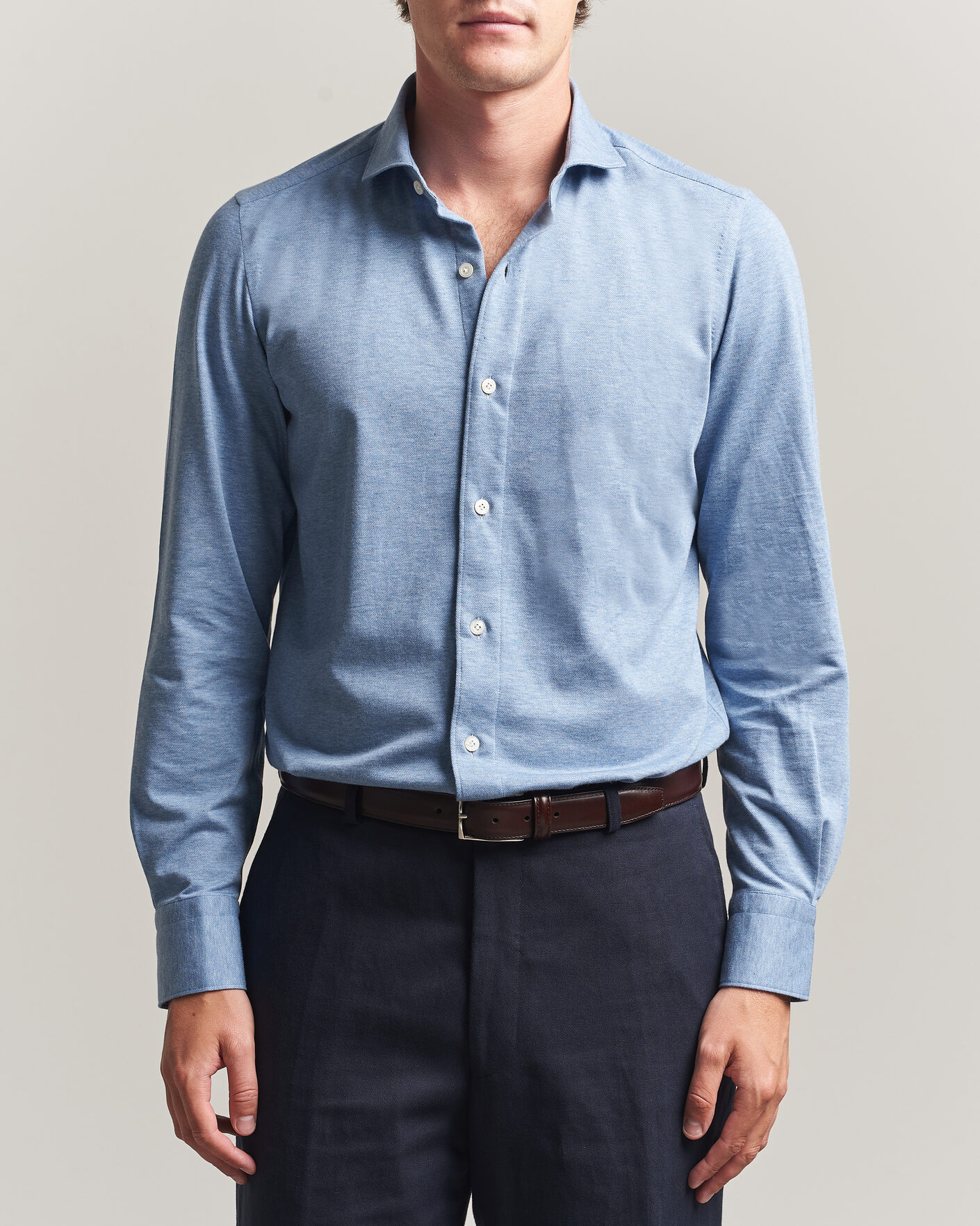 Mies | Kauluspaidat | Finamore Napoli | Cotton/Cashmere Jersey Shirt Light Blue