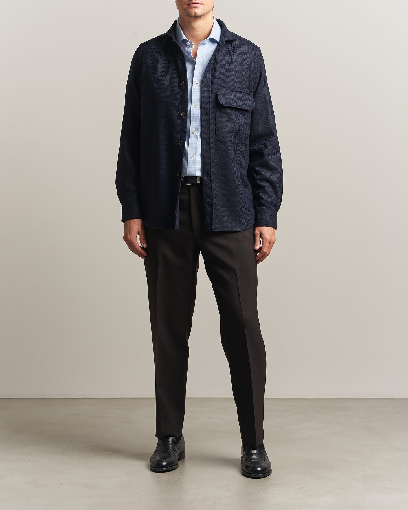 Mies | Kauluspaidat | Finamore Napoli | Wool Herringbone Overshirt Navy