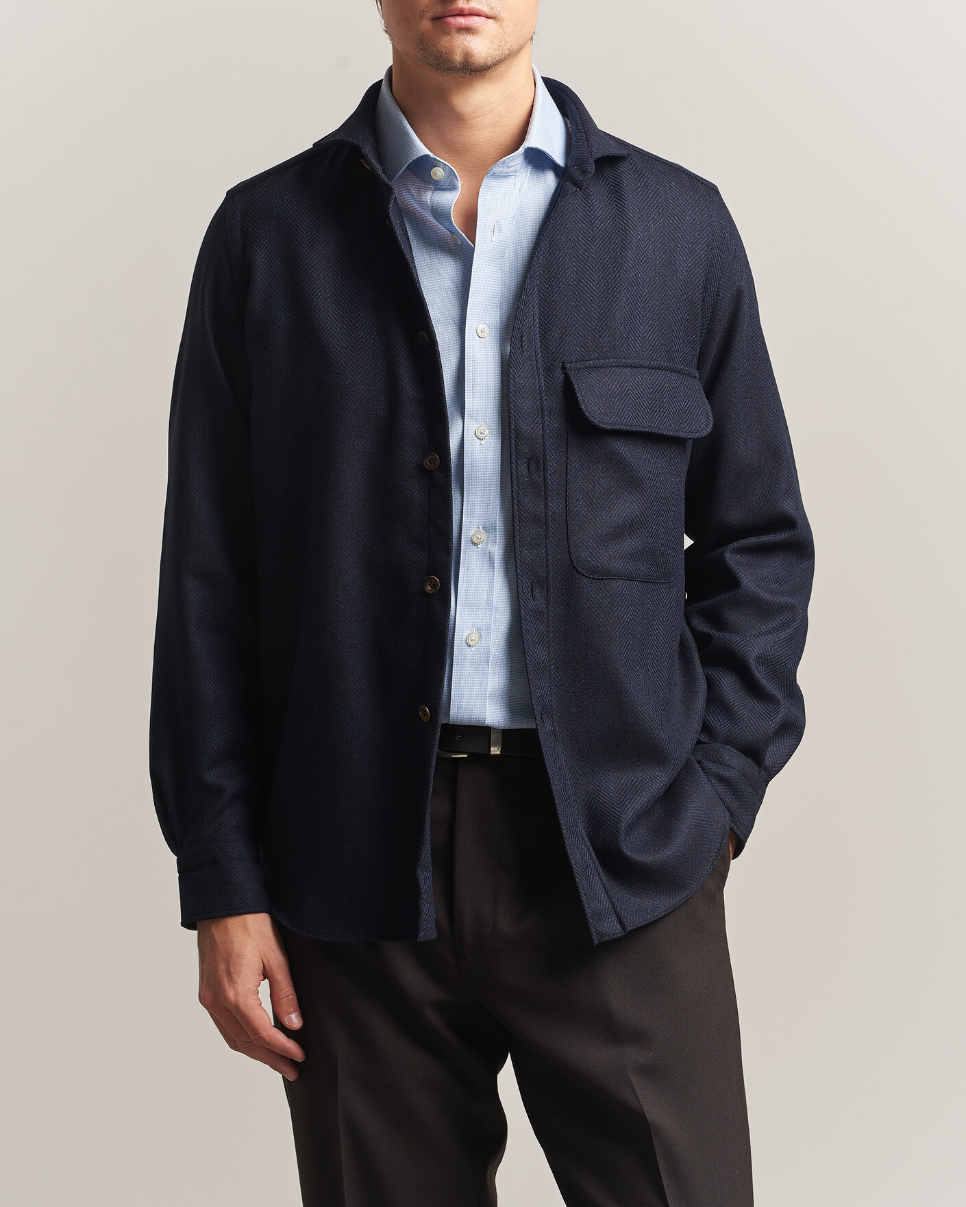 Mies | Kauluspaidat | Finamore Napoli | Wool Herringbone Overshirt Navy