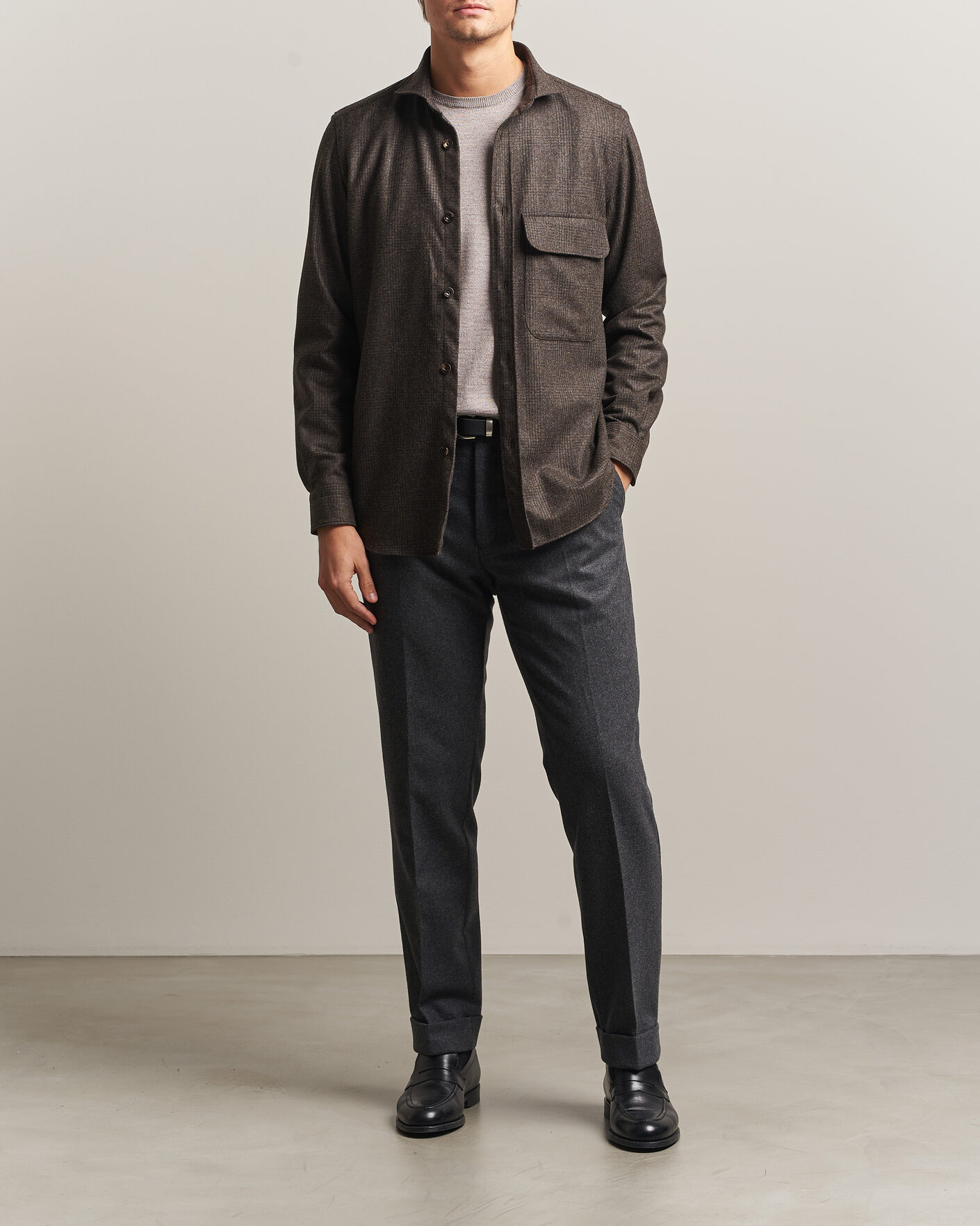 Mies | Kauluspaidat | Finamore Napoli | Wool Houndstooth Overshirt Dark Brown