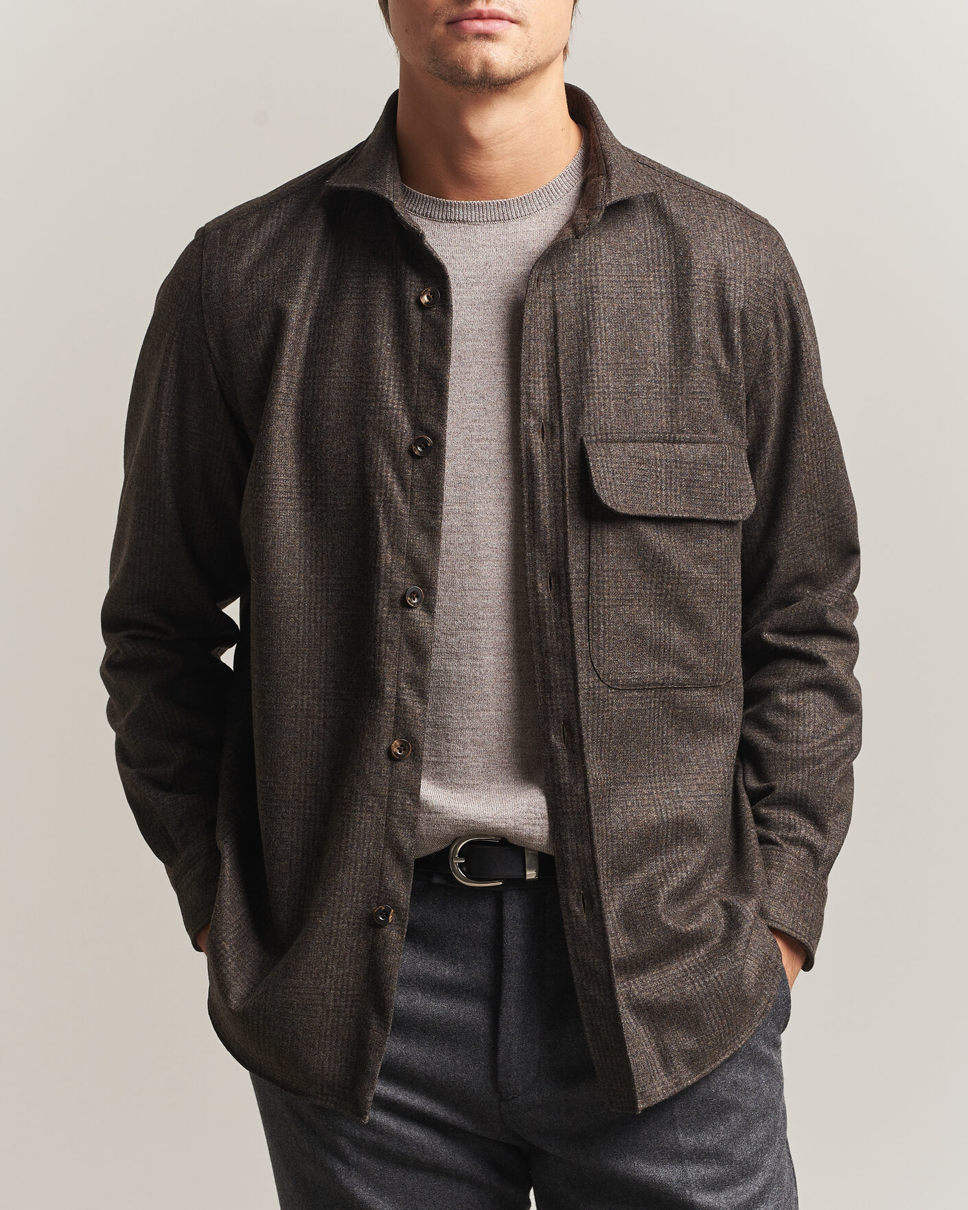 Mies | Kauluspaidat | Finamore Napoli | Wool Houndstooth Overshirt Dark Brown